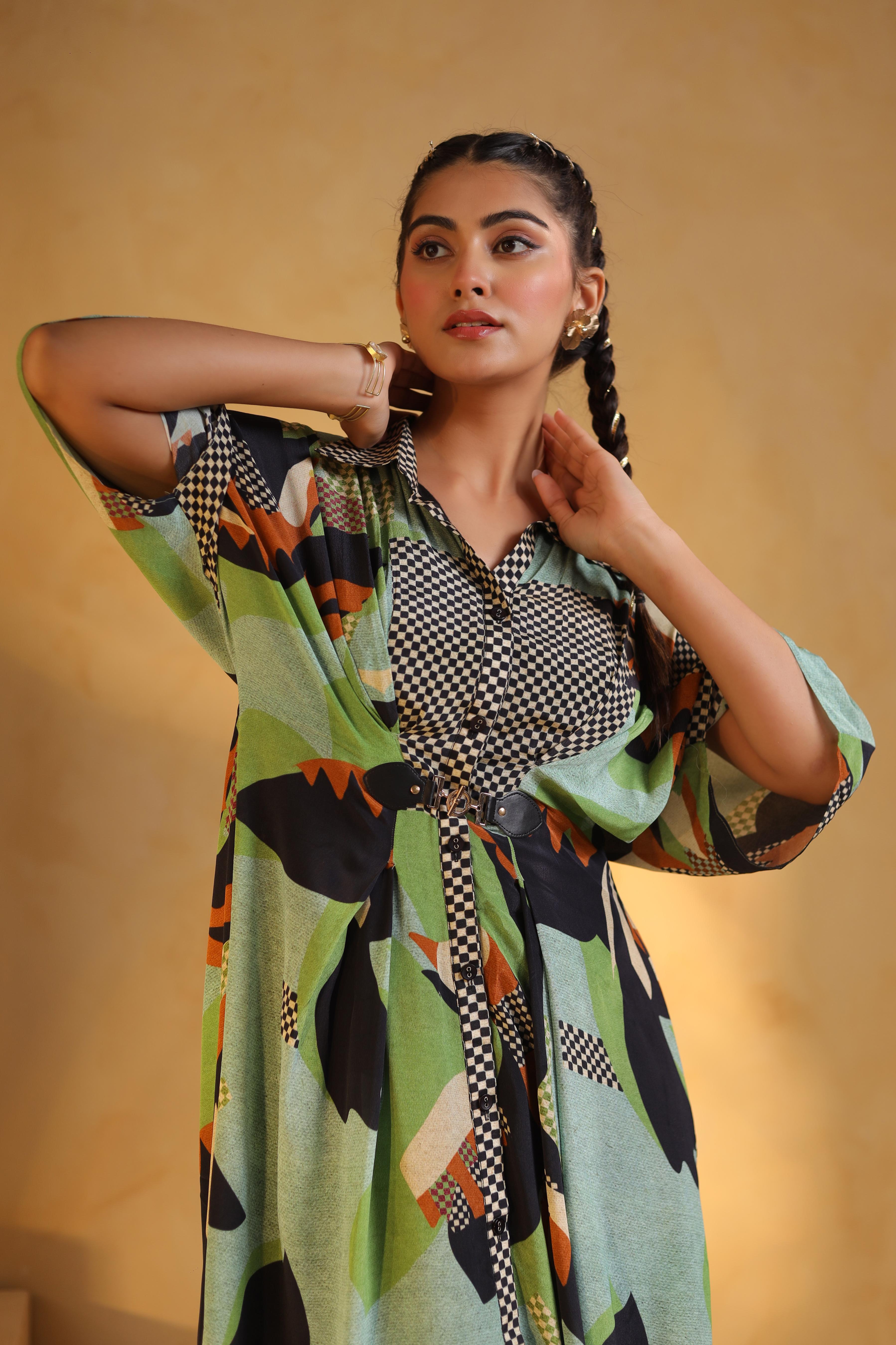 Light Aqua Green Printed Viscose Crepe Dress