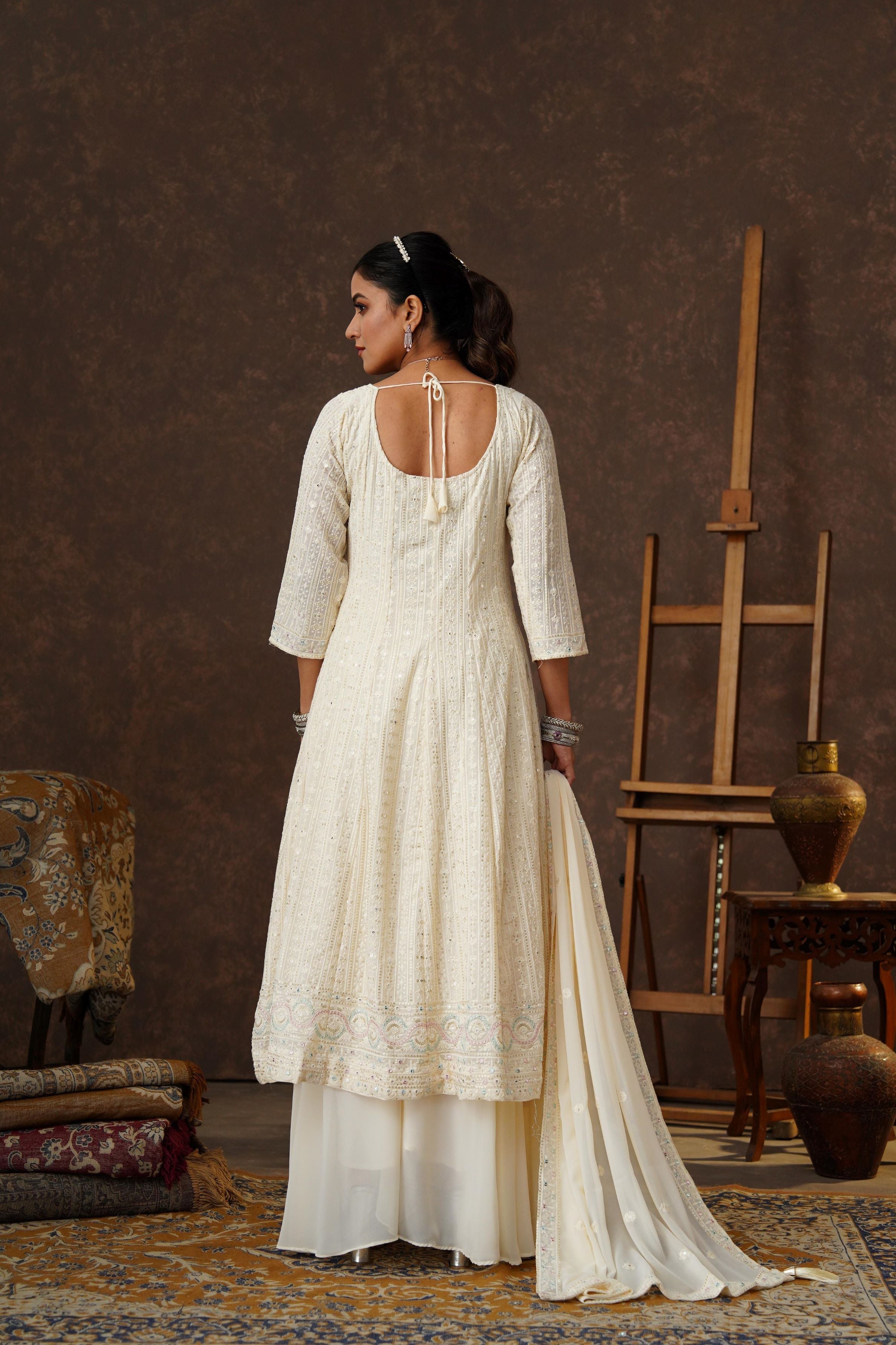 White Embroidered Georgette Silk Anarkali Set