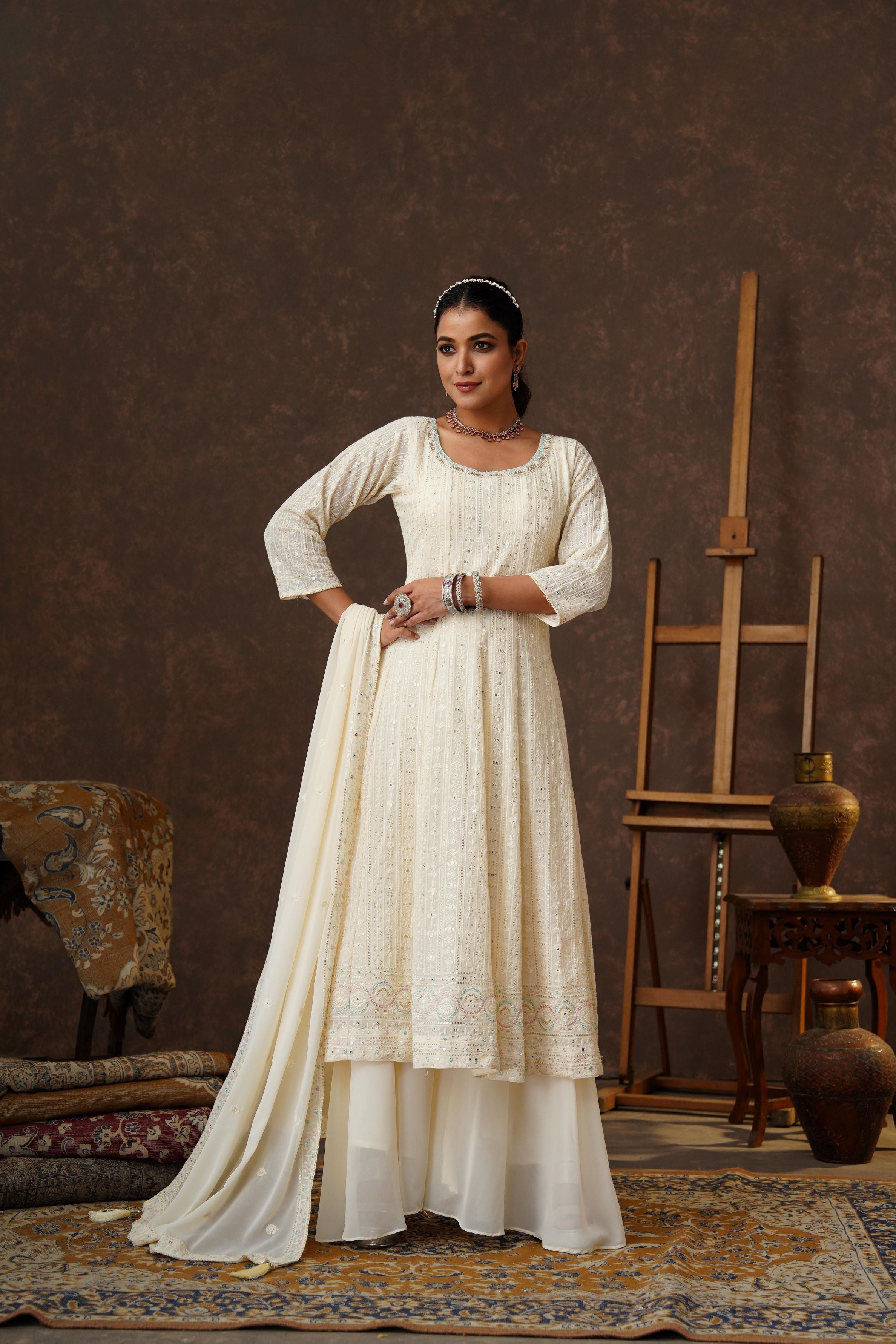 White Embroidered Georgette Silk Anarkali Set