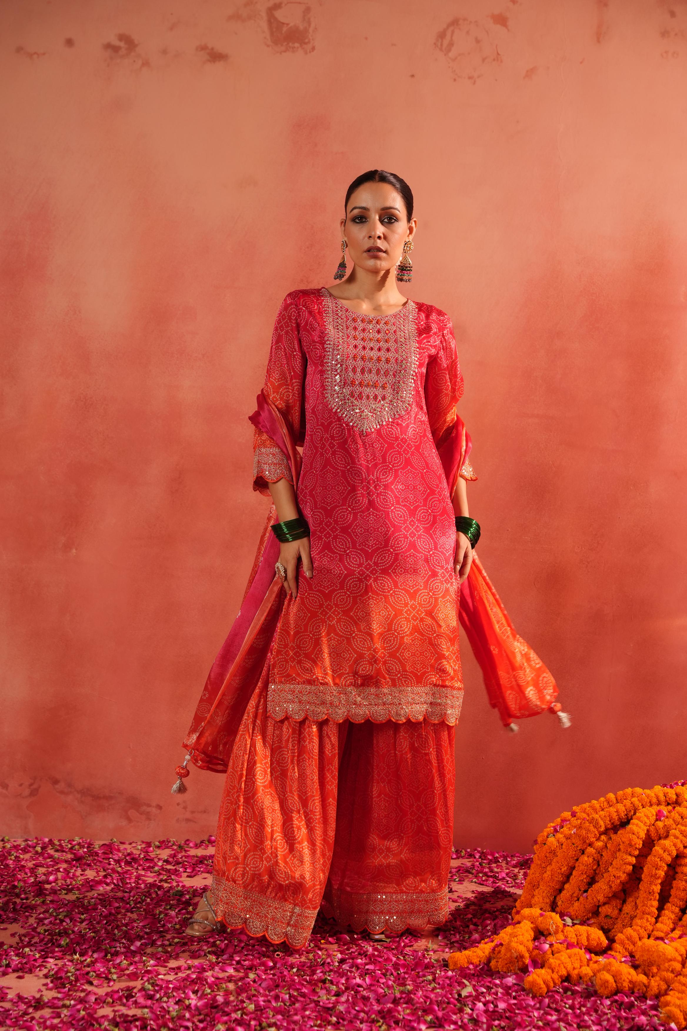 Red Bandhej Ombre Dyed Chinon Silk Sharara Set