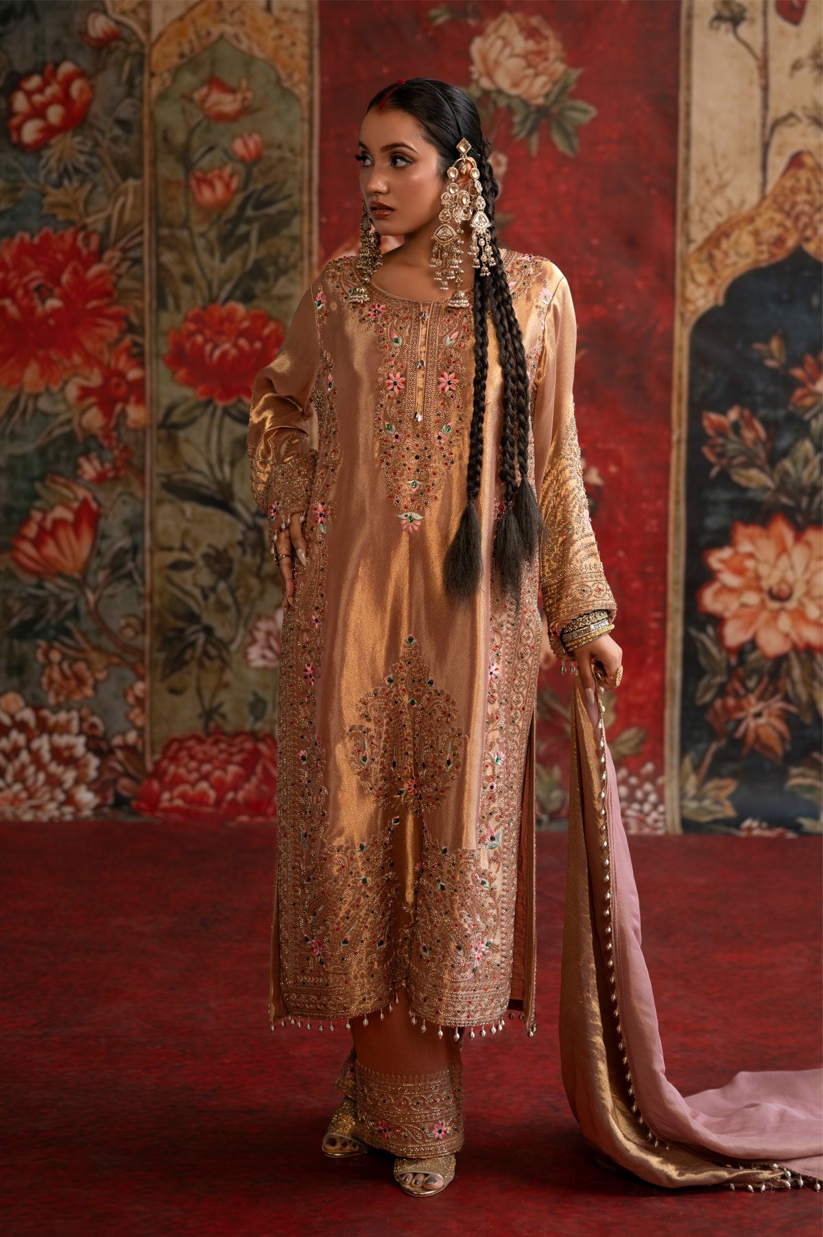 Rose Gold Embellished Tissue Banarasi Silk Pant Set