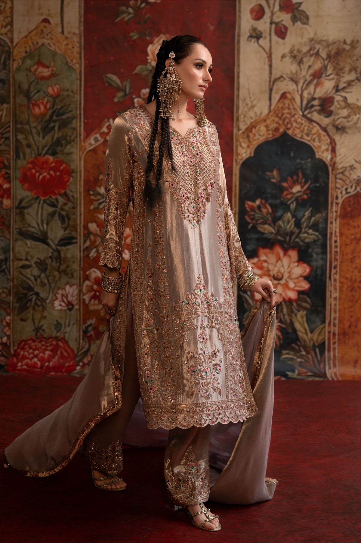 Taupe Ivory Embellished Tissue Banarasi Silk Pant Set