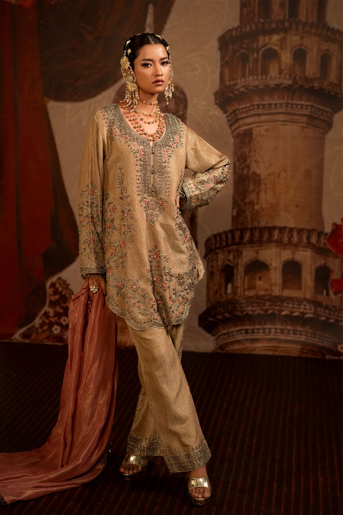 Sand Beige Embellished Tissue Silk Pant Set