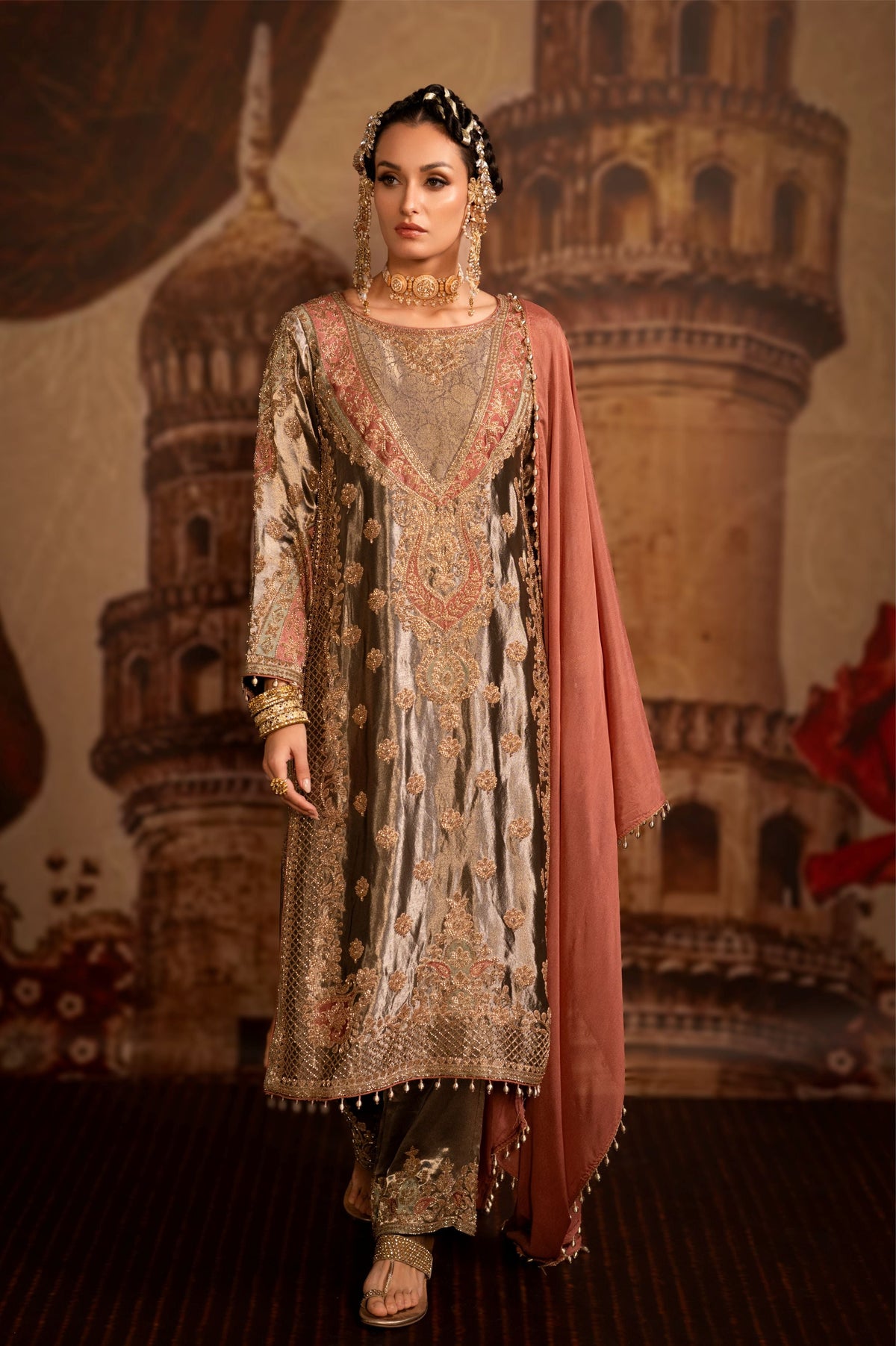 Metallic Brown Embellished Tissue Banarasi Silk Pant Set