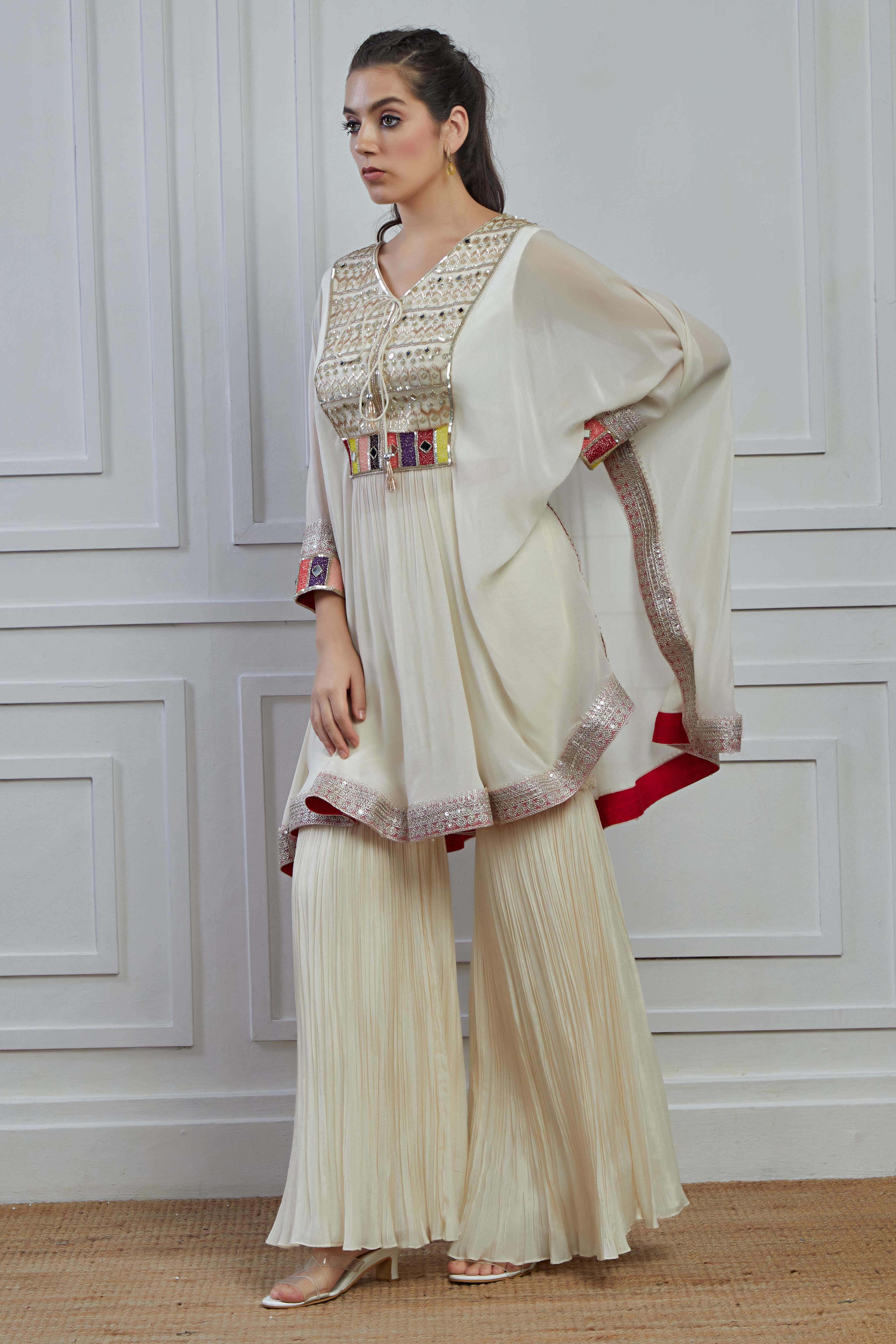 Off White Embroidered Crepe Silk Kaftan Sharara Set