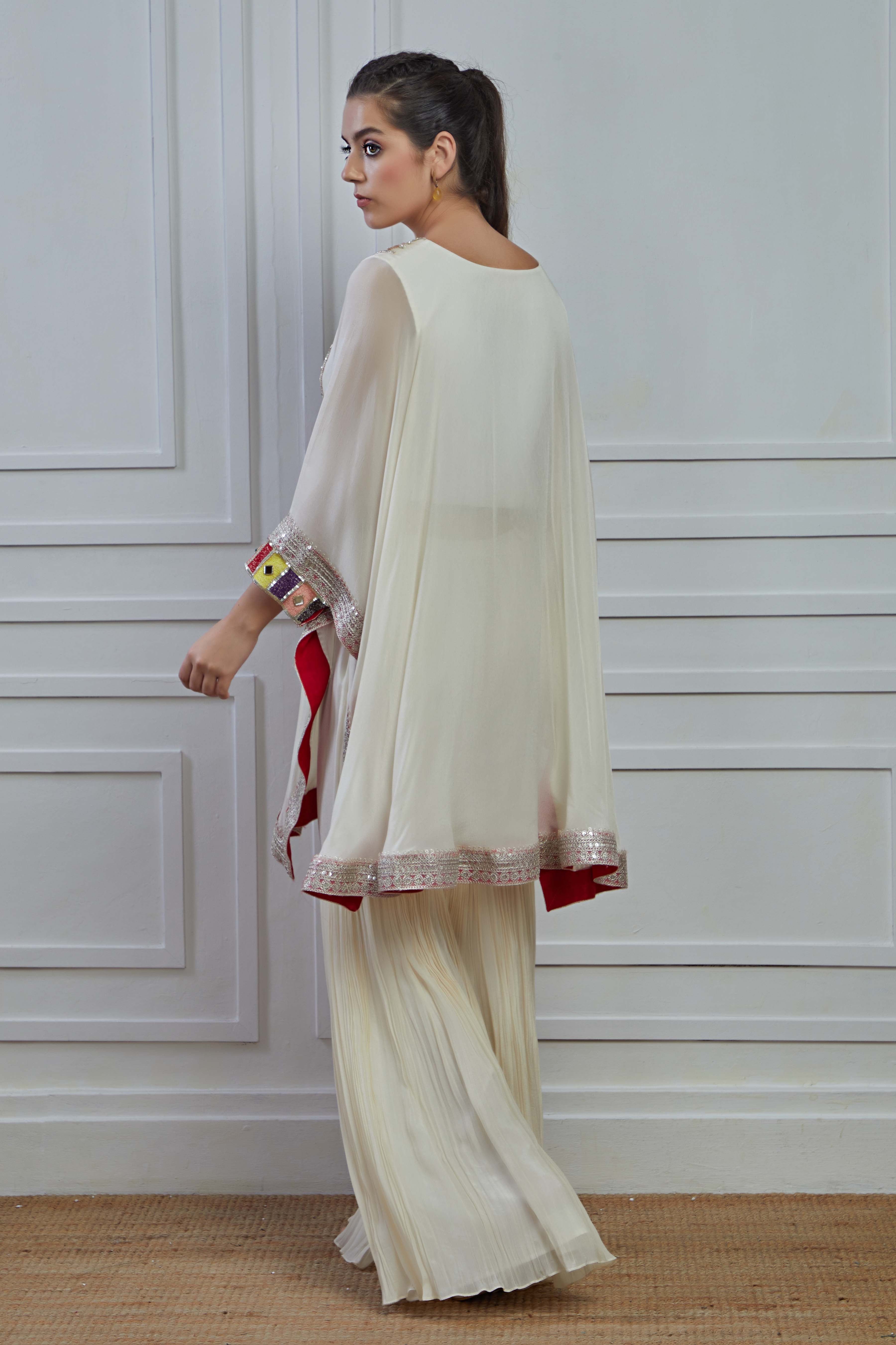 Off White Embroidered Crepe Silk Kaftan Sharara Set