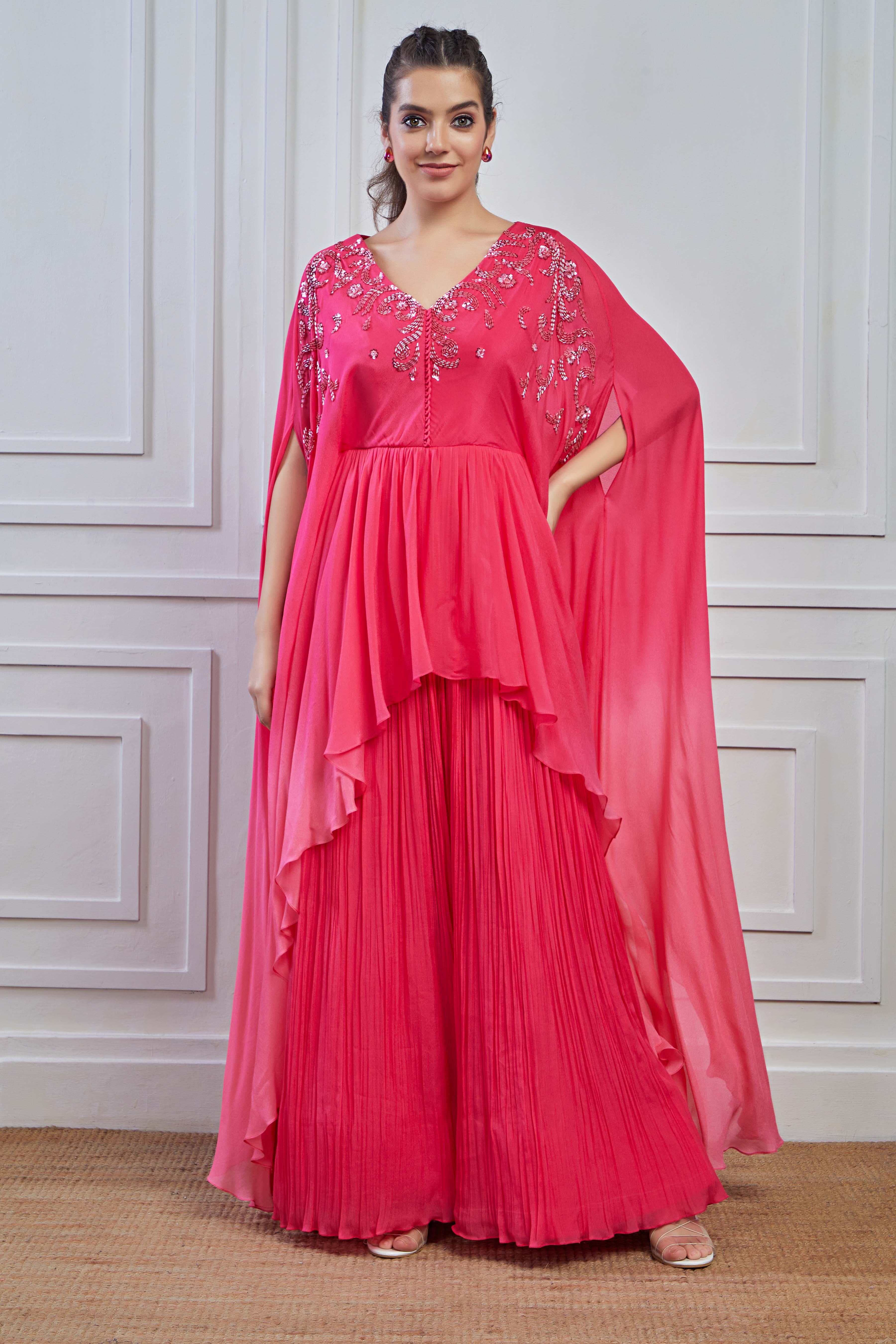 Pink Ombre-Dyed Crepe Silk Kaftan Palazzo Set