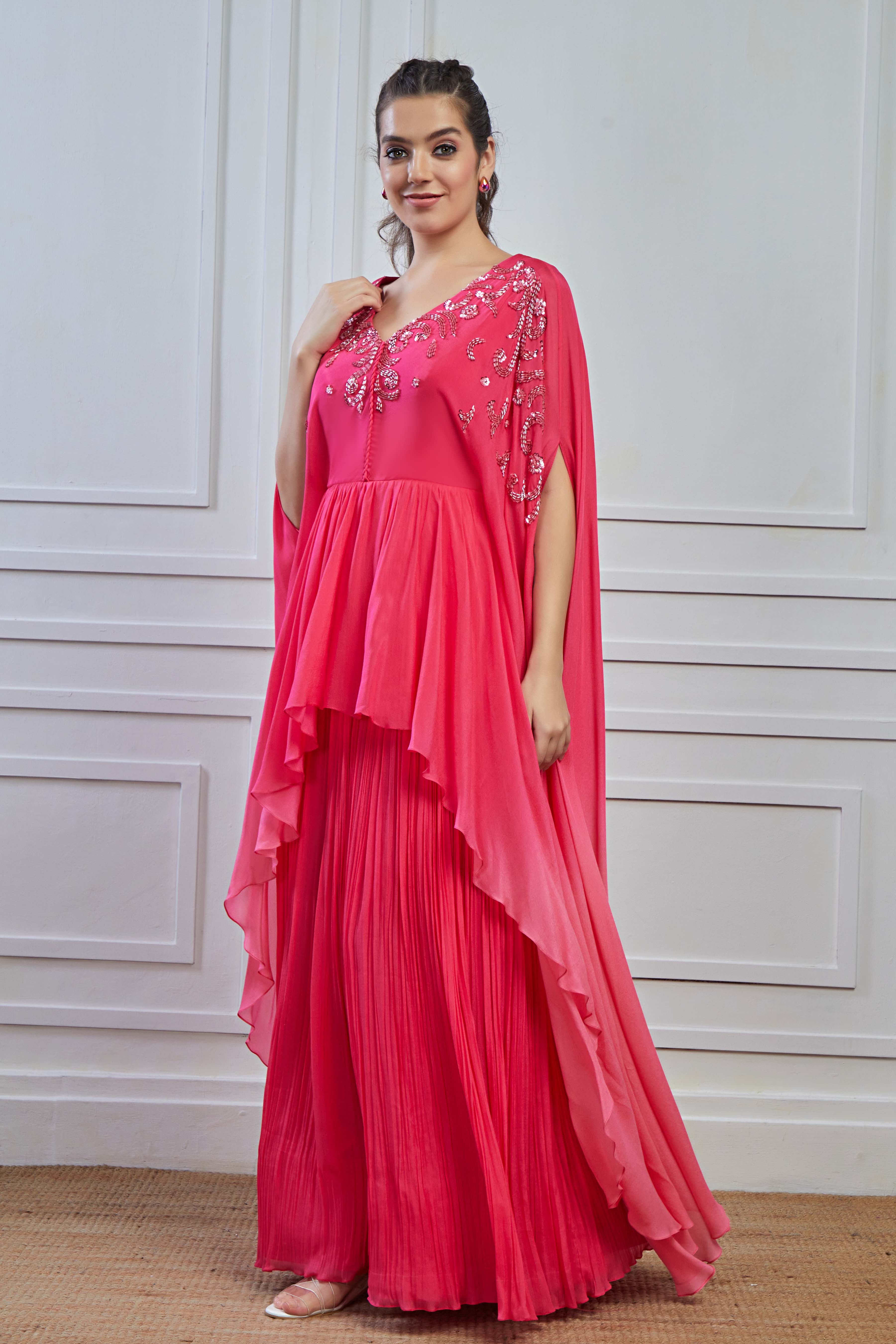 Pink Ombre-Dyed Crepe Silk Kaftan Palazzo Set