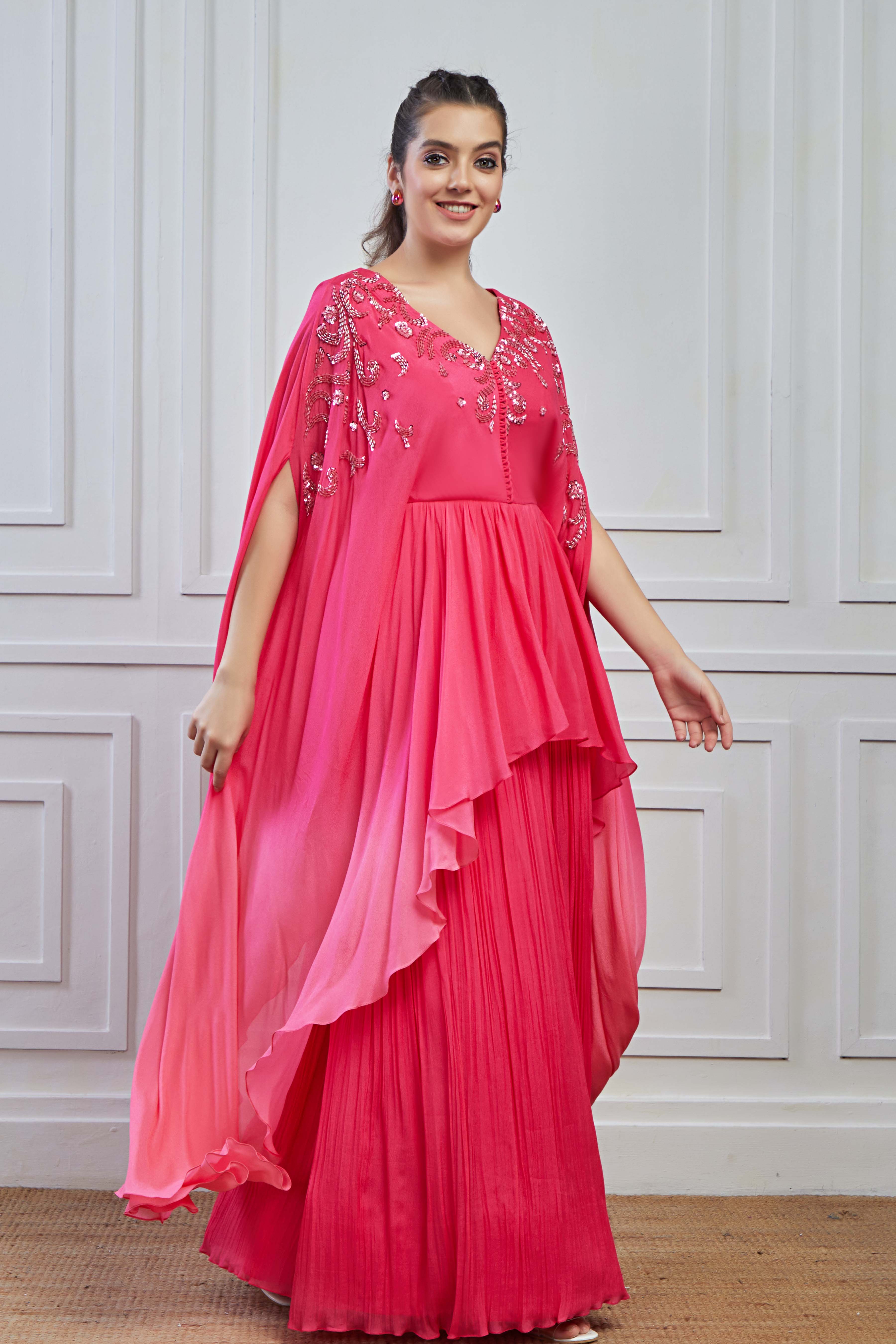 Pink Ombre-Dyed Crepe Silk Kaftan Palazzo Set