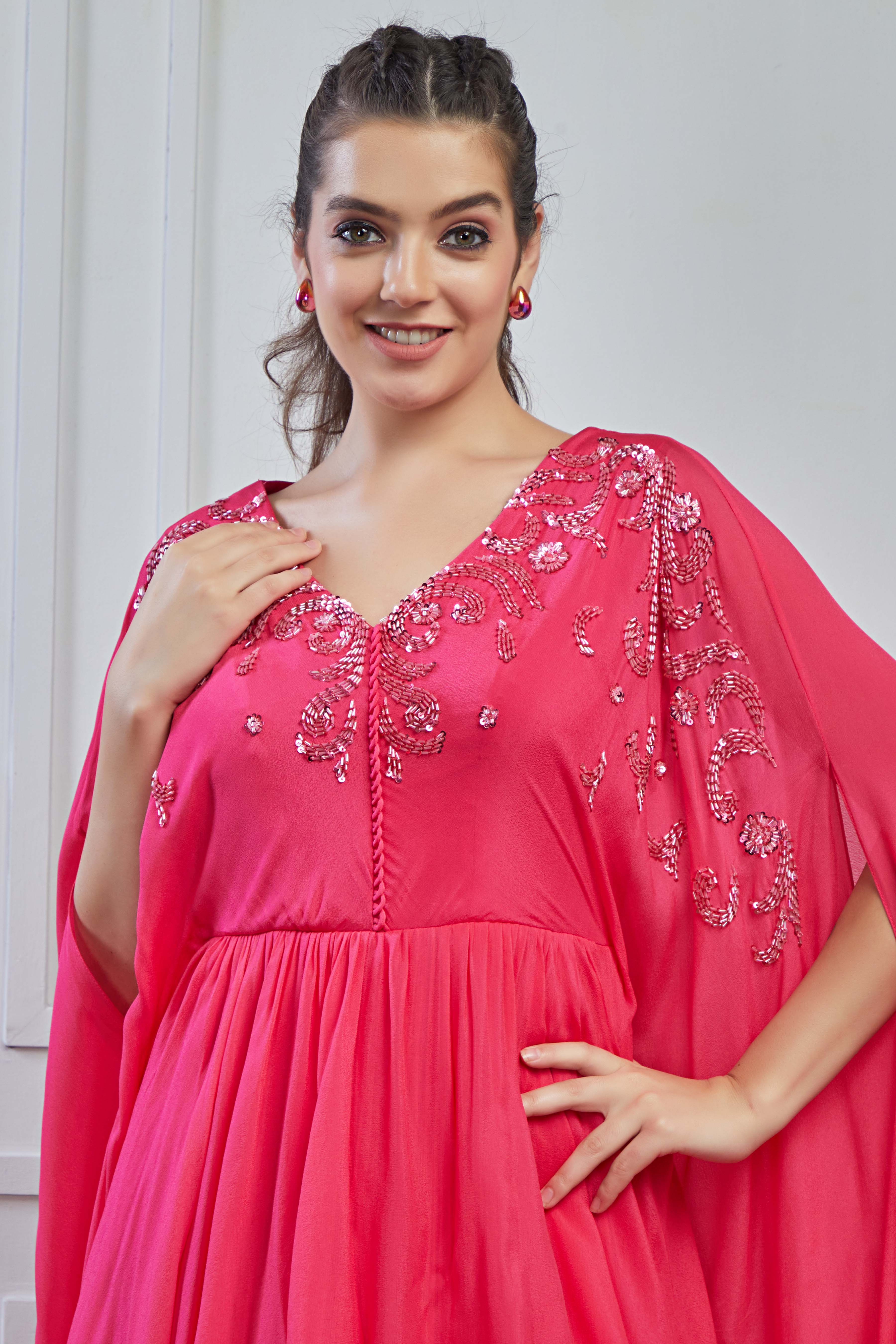 Pink Ombre-Dyed Crepe Silk Kaftan Palazzo Set