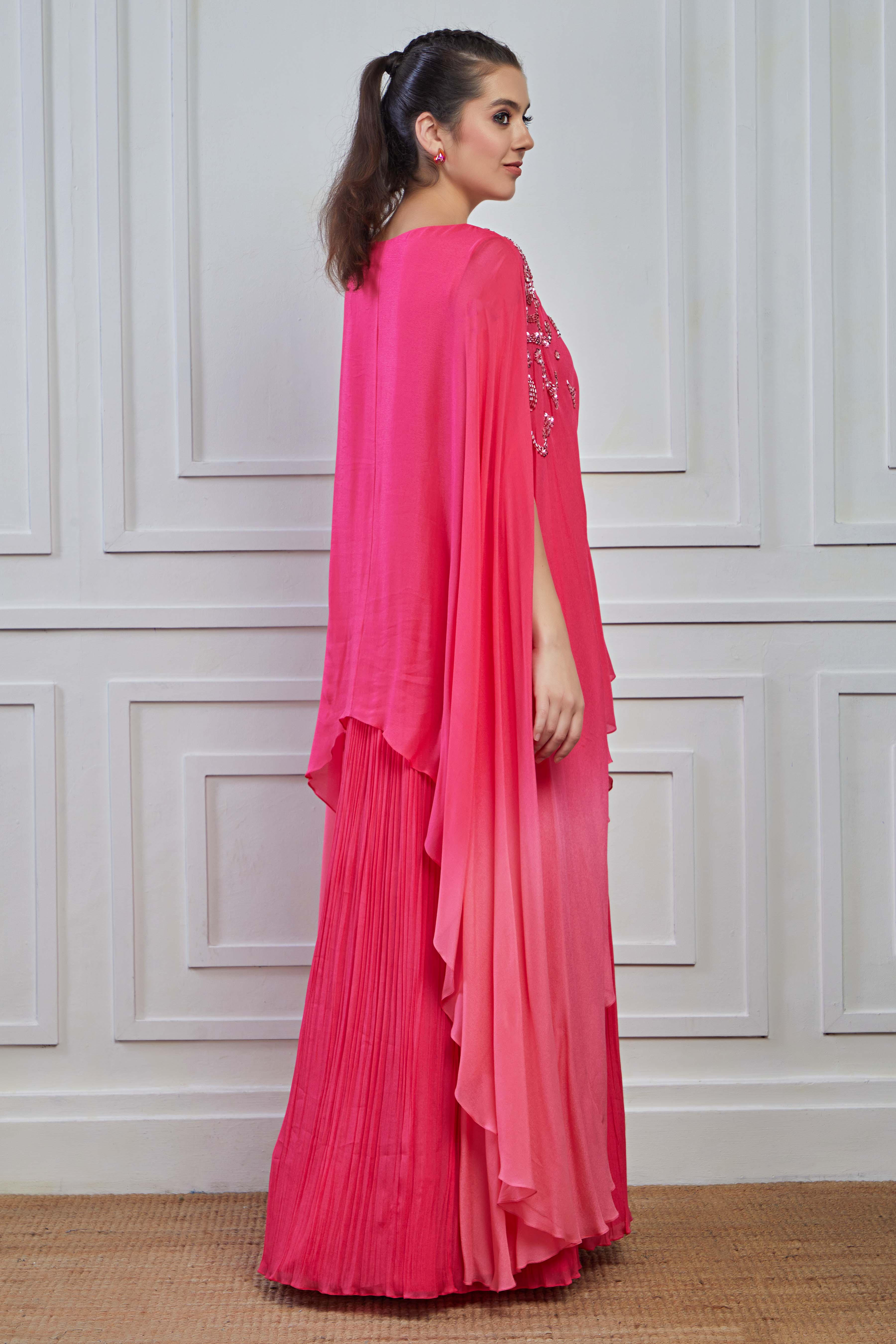 Pink Ombre-Dyed Crepe Silk Kaftan Palazzo Set