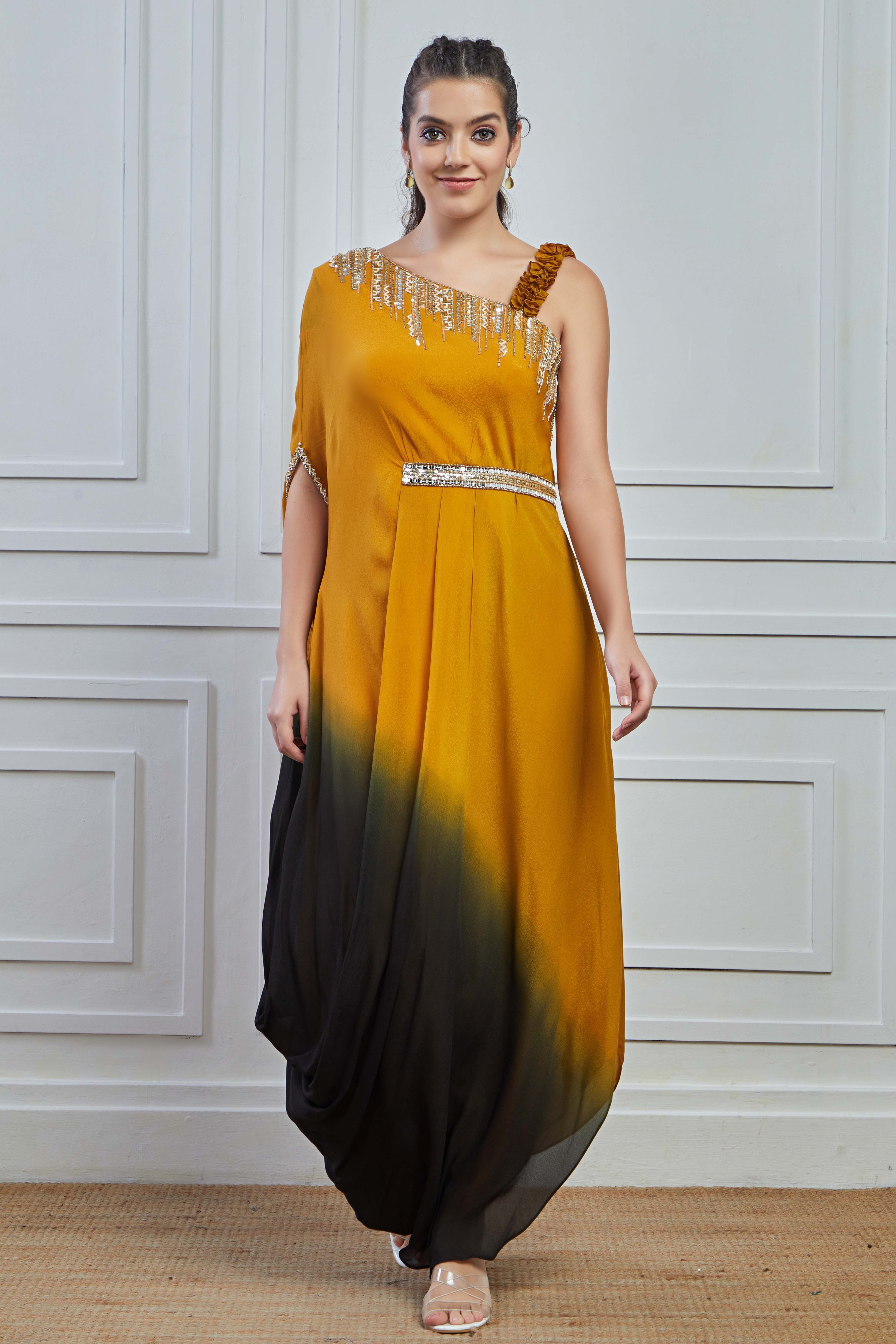 Mustard Yellow Ombre Dyed Crepe Silk Cowl Dress M Crepe Silk Made to Order in 30 Days by Pratap Sons