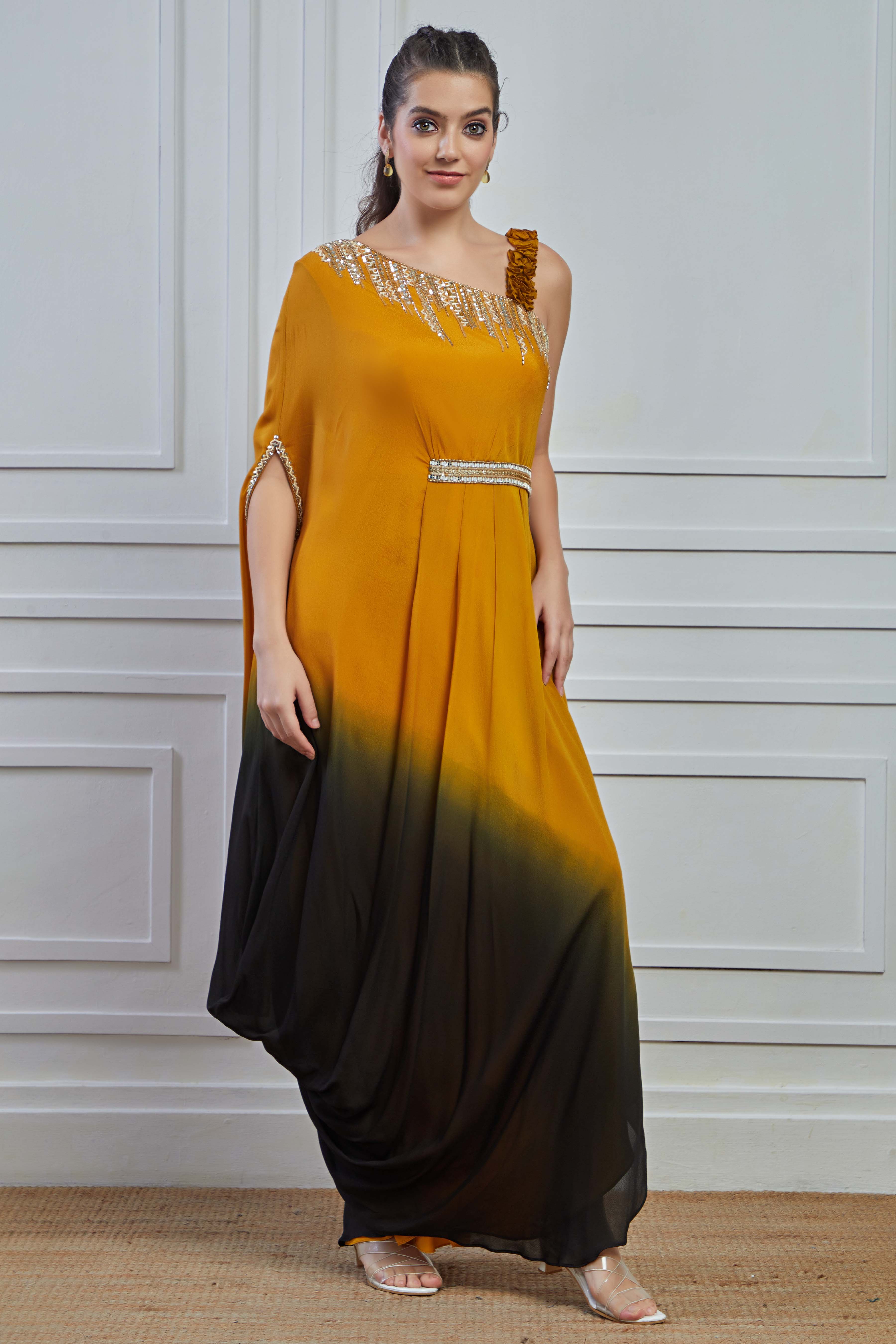 Mustard Yellow Ombre-Dyed Crepe Silk Cowl Dress