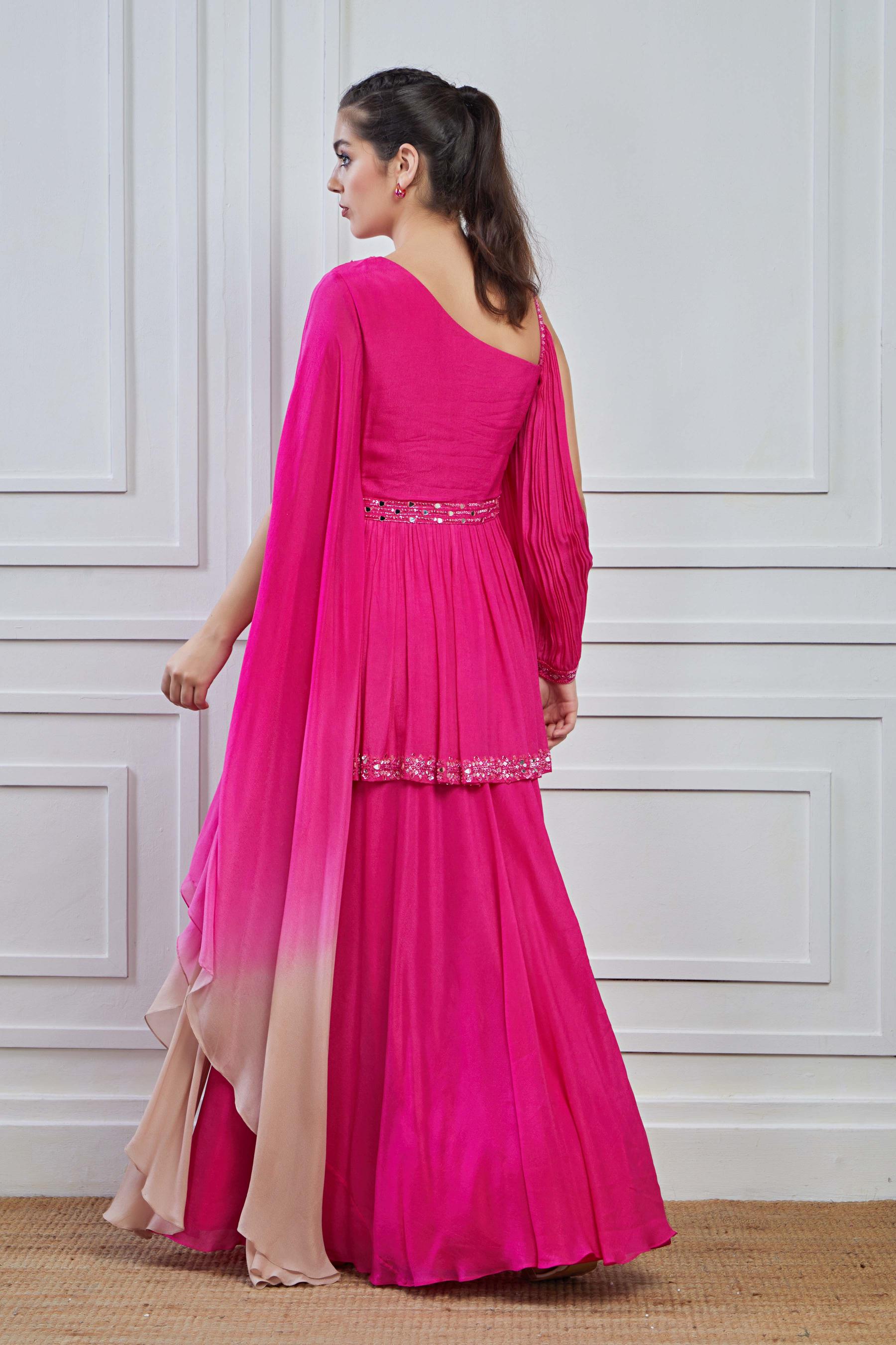 Pink Ombre-Dyed Crepe Silk Tunic Skirt Set