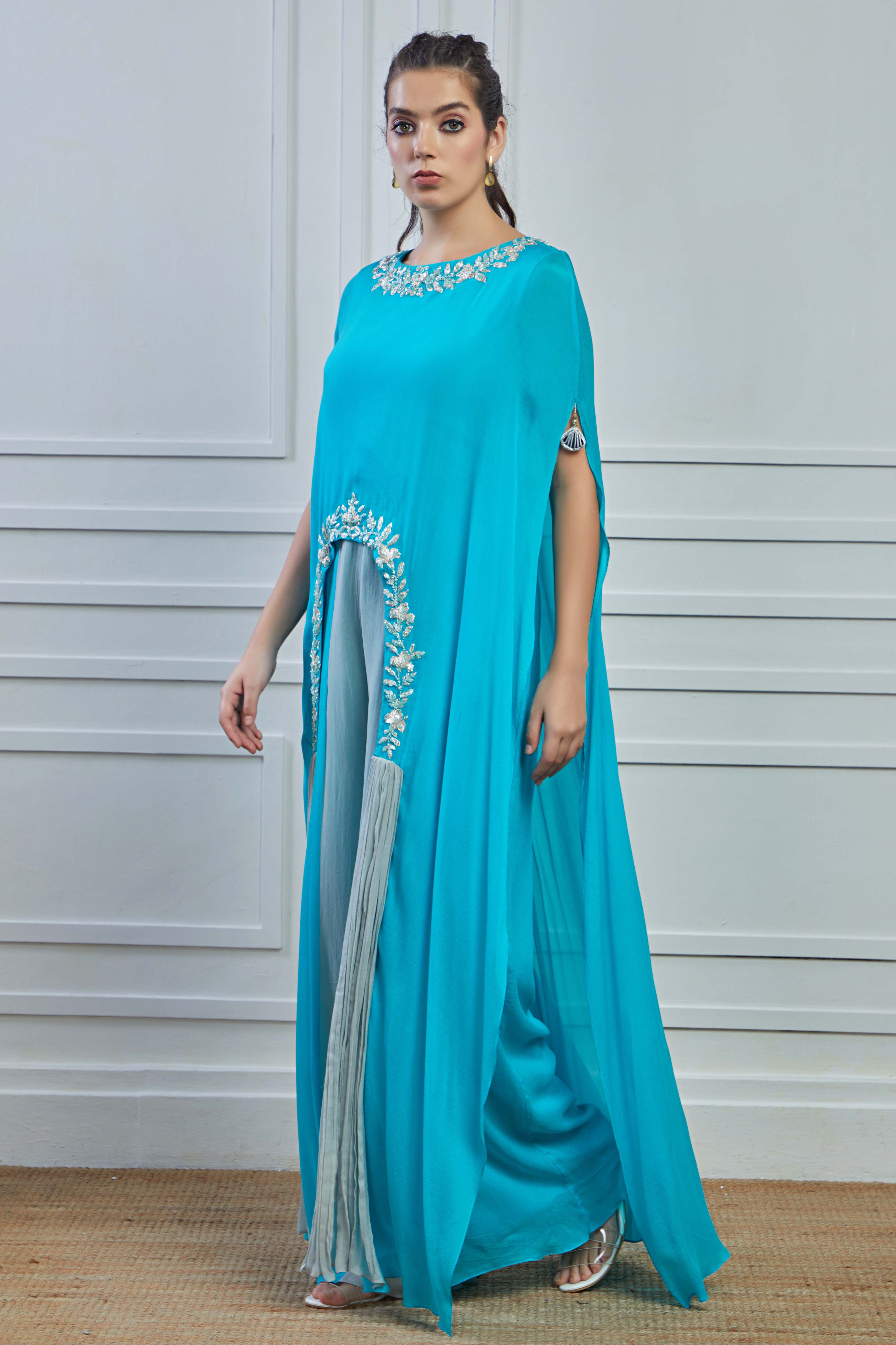 Light Blue Embellished Crepe Silk Kaftan Palazzo Set