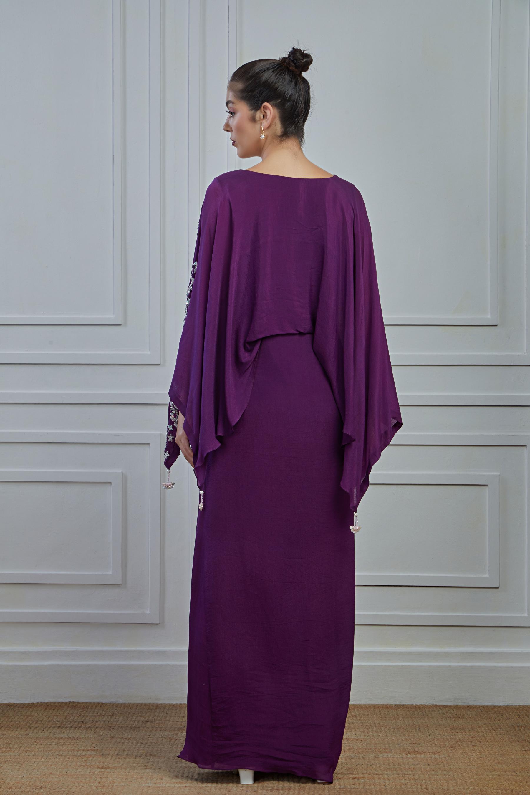 Purple Embellished Crepe Silk Draped Gown