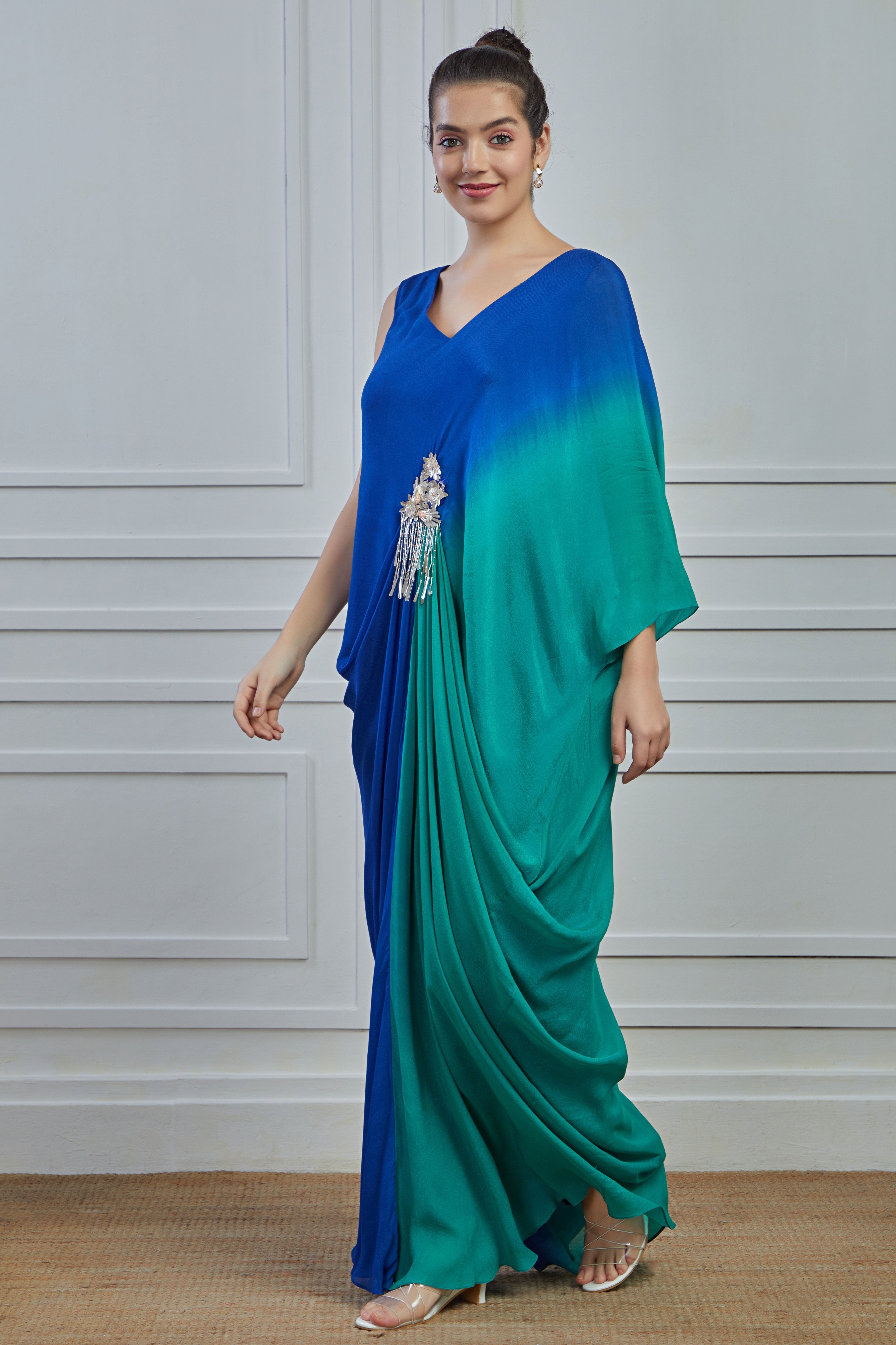 Blue Ombre-Dyed Crepe Silk Gown Dress