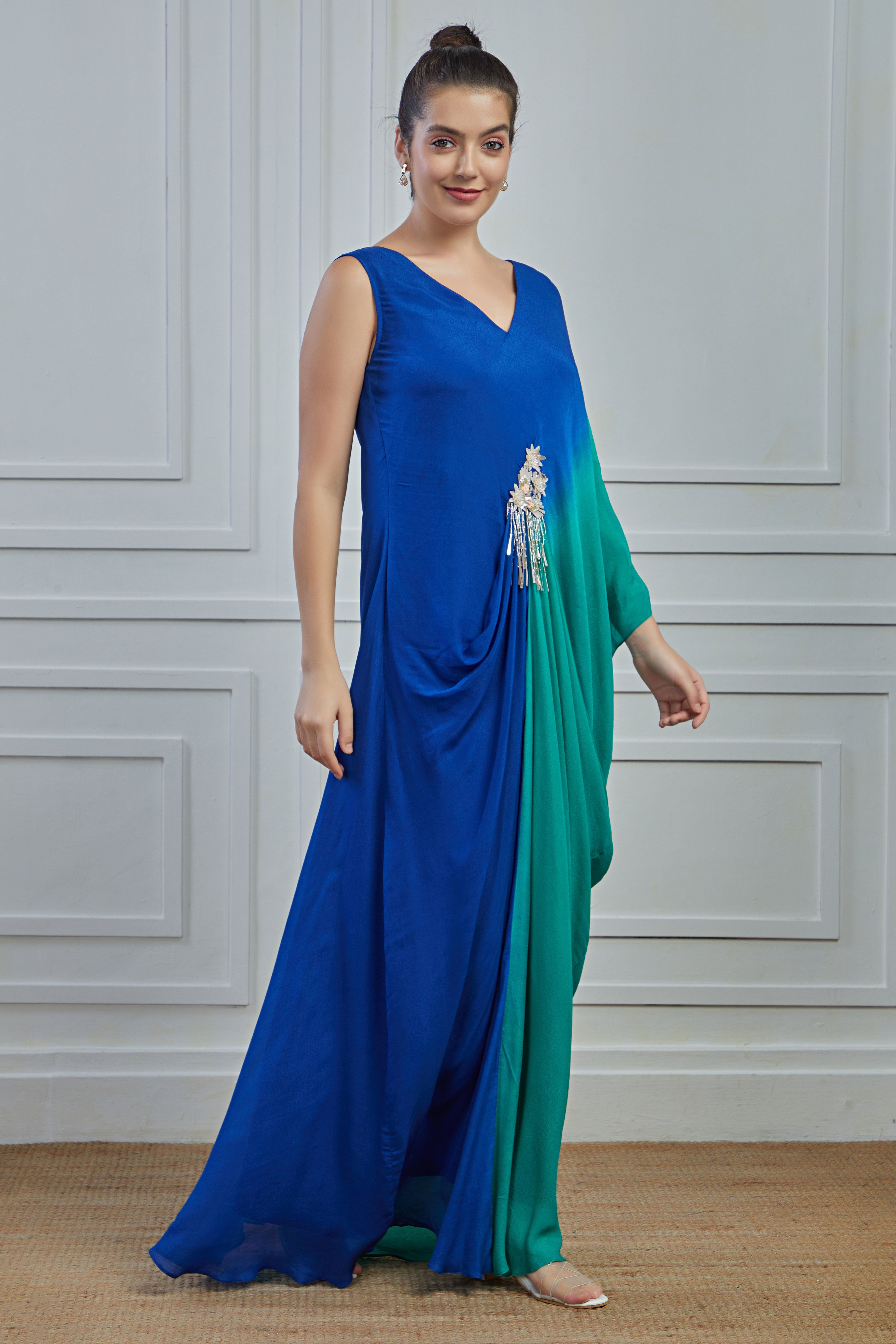 Blue Ombre-Dyed Crepe Silk Gown Dress