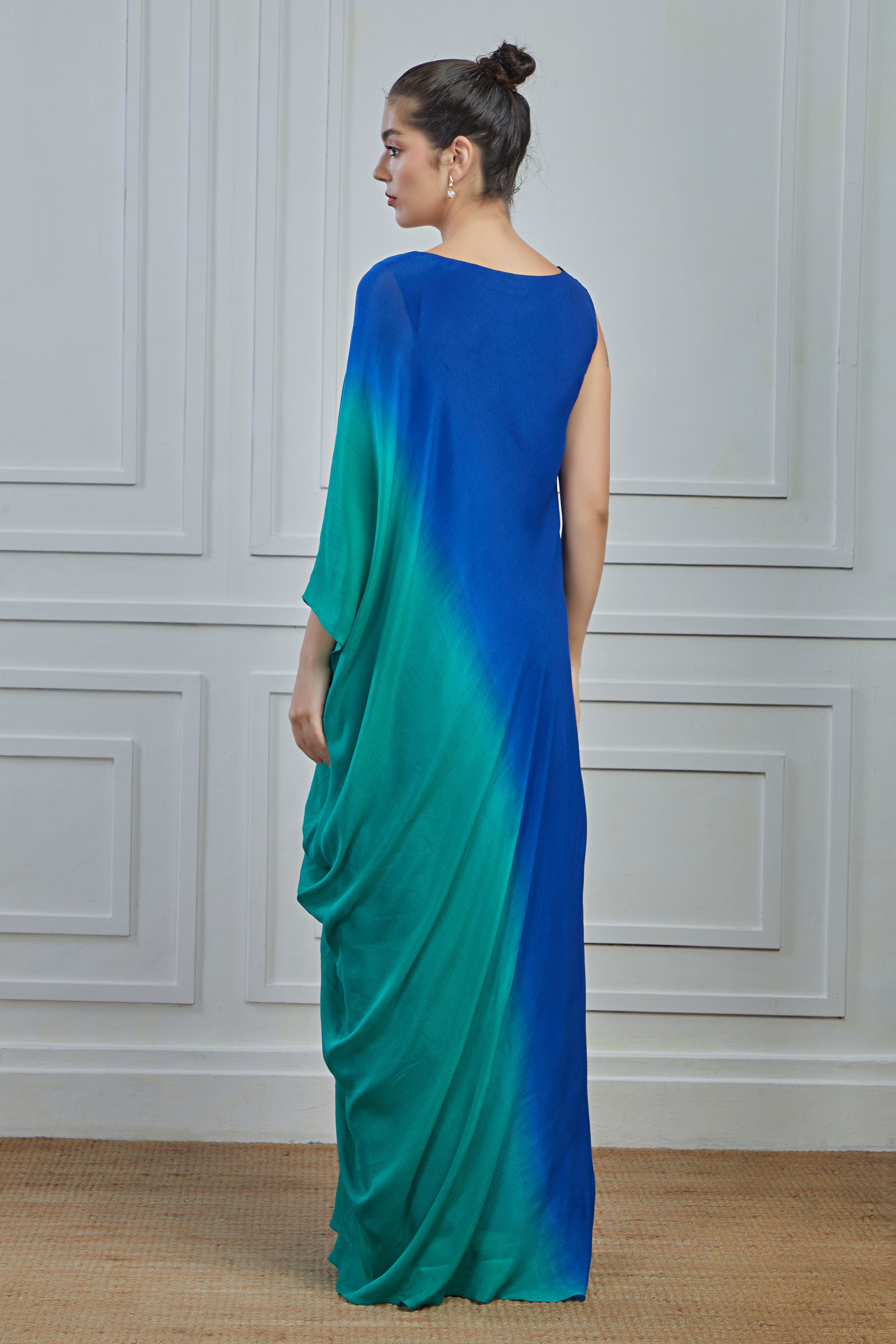 Blue Ombre-Dyed Crepe Silk Gown Dress