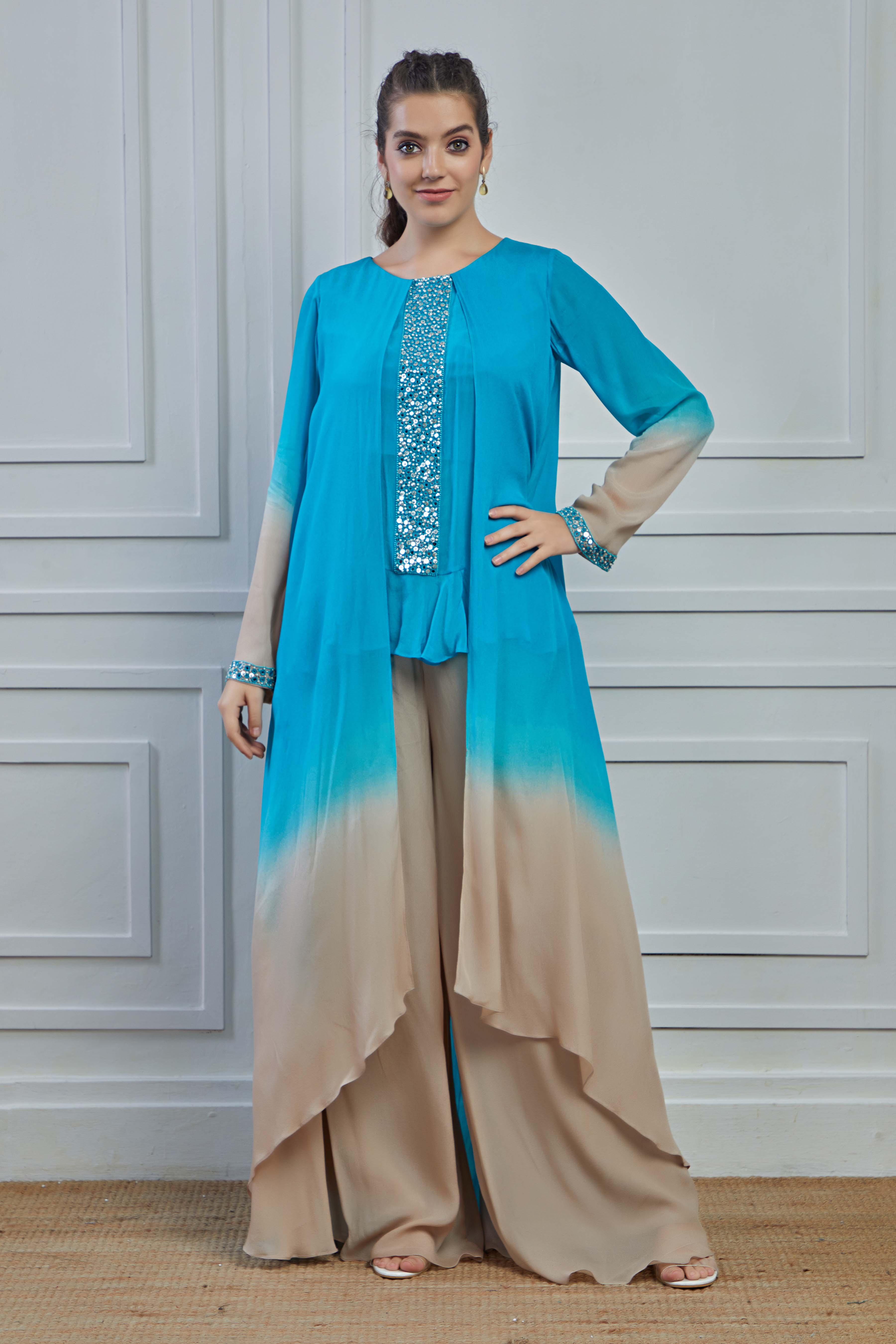 Light Blue Ombre-Dyed Crepe Silk Kurta Palazzo Set