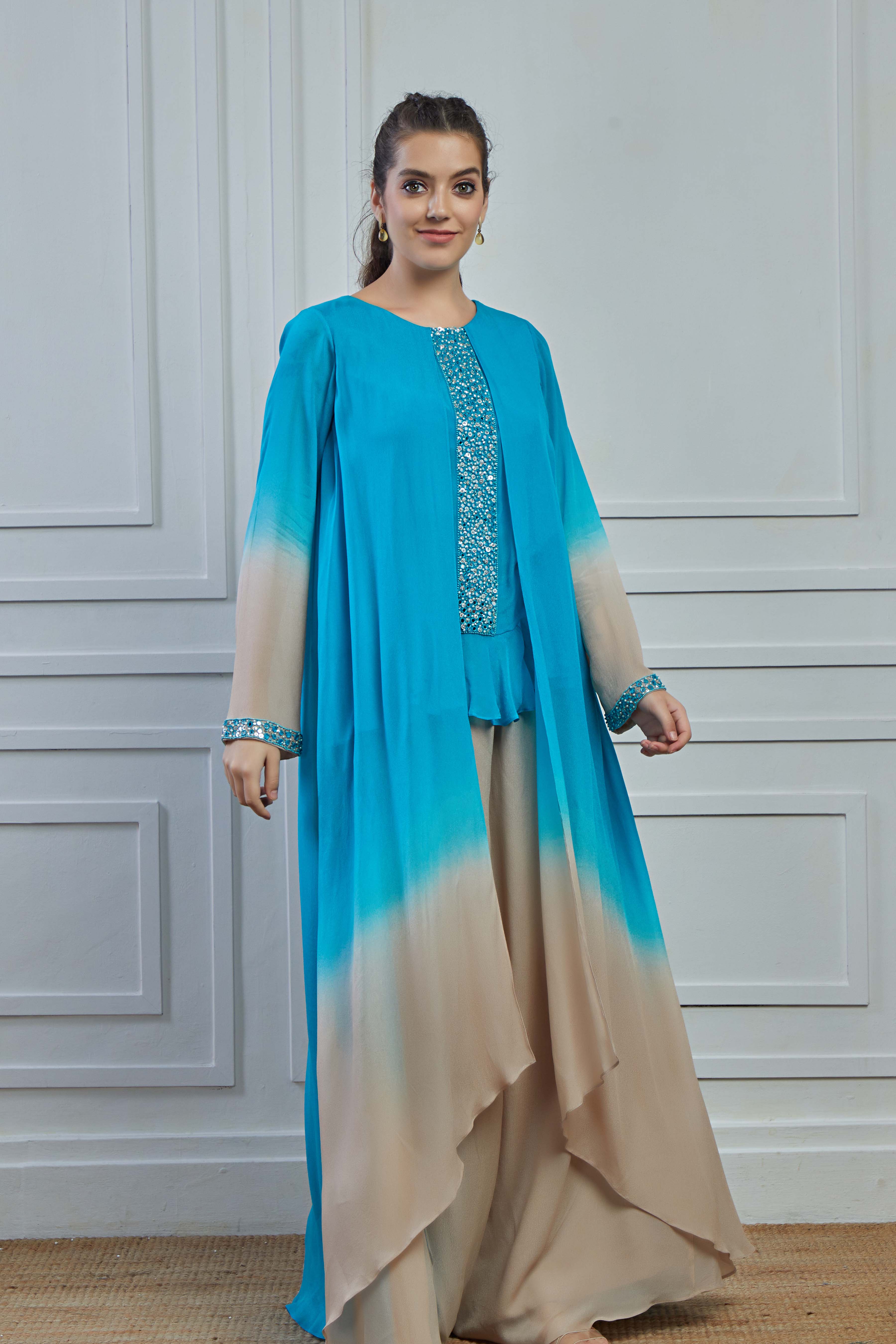 Light Blue Ombre-Dyed Crepe Silk Kurta Palazzo Set