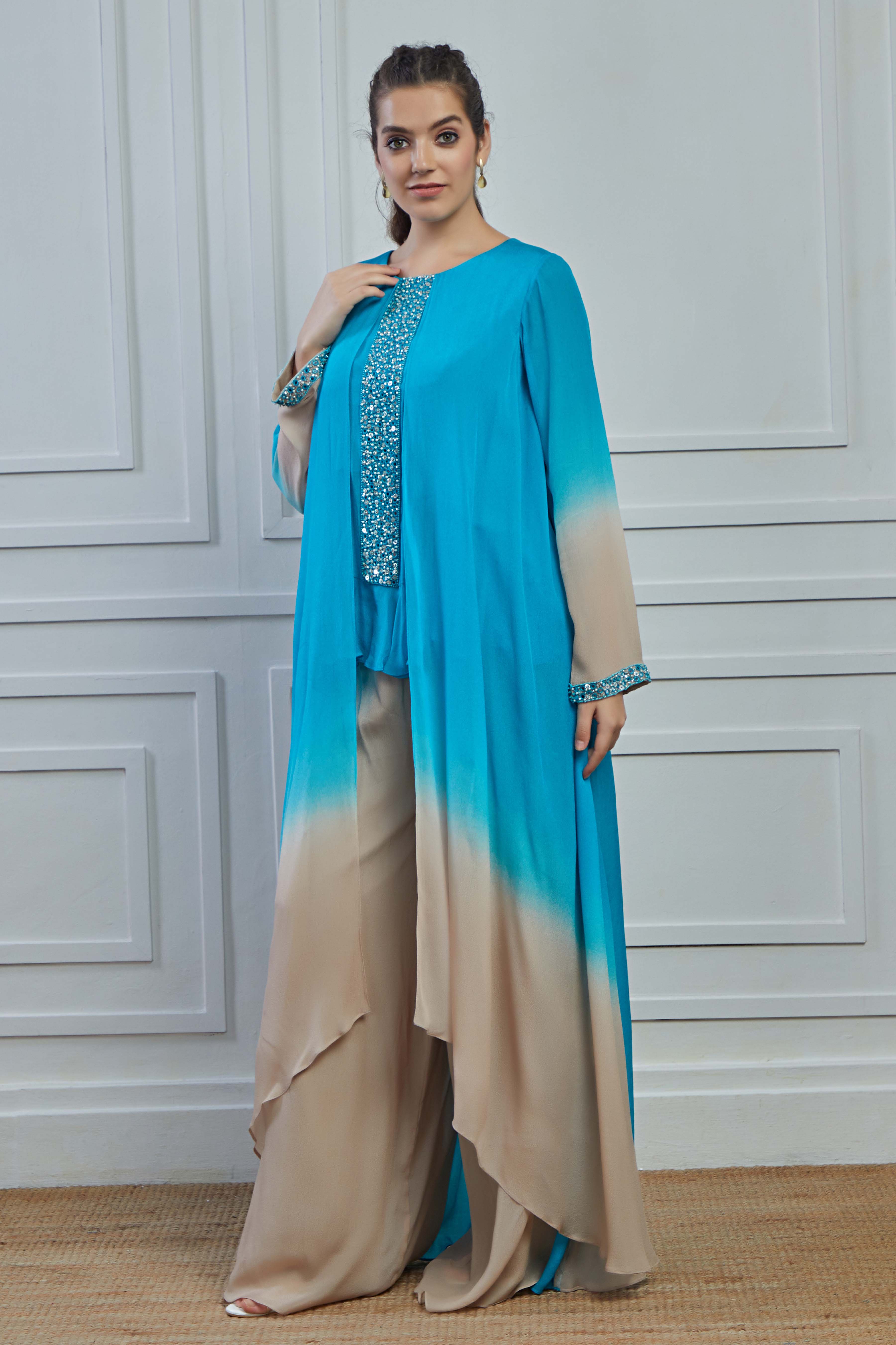 Light Blue Ombre-Dyed Crepe Silk Kurta Palazzo Set