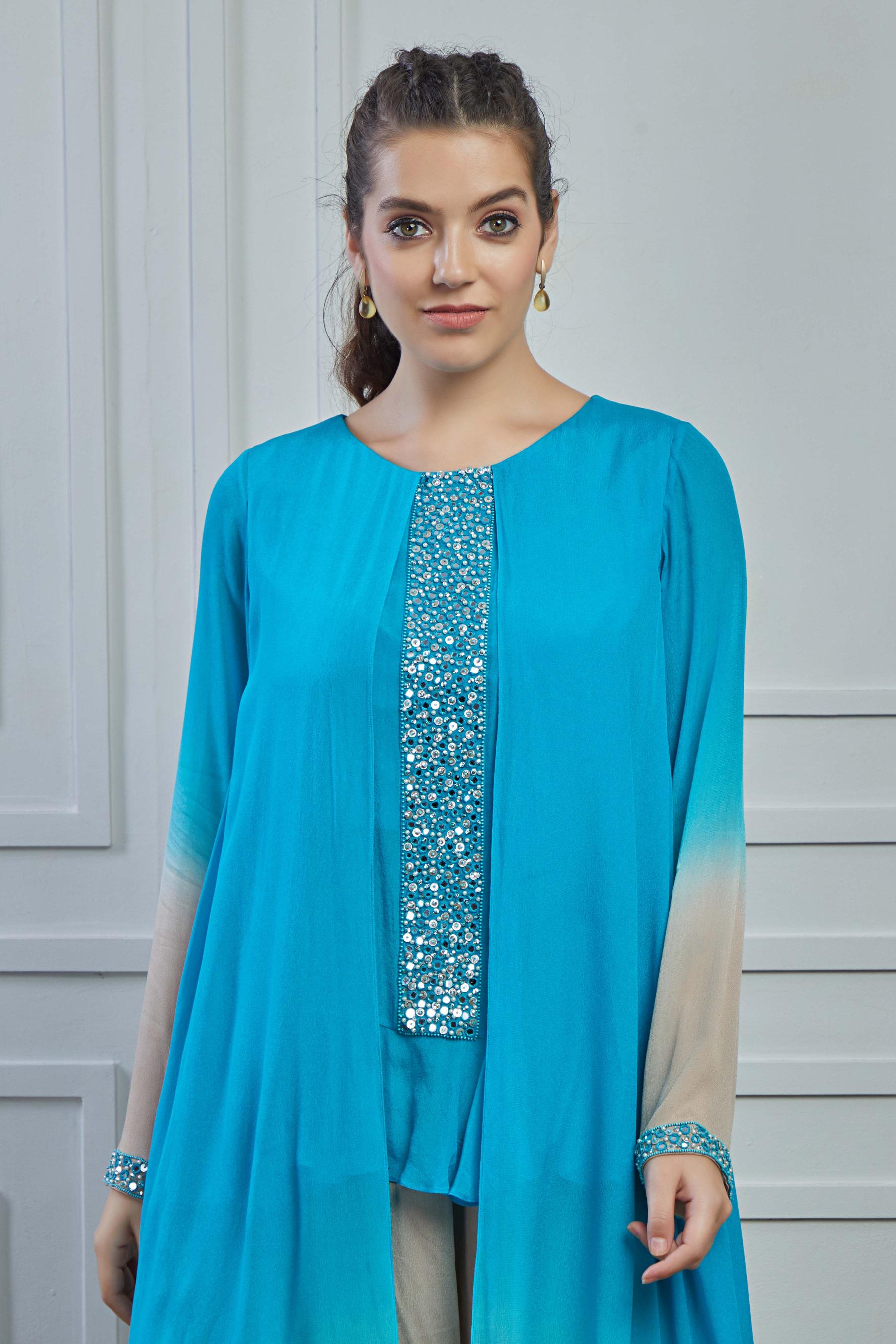 Light Blue Ombre-Dyed Crepe Silk Kurta Palazzo Set