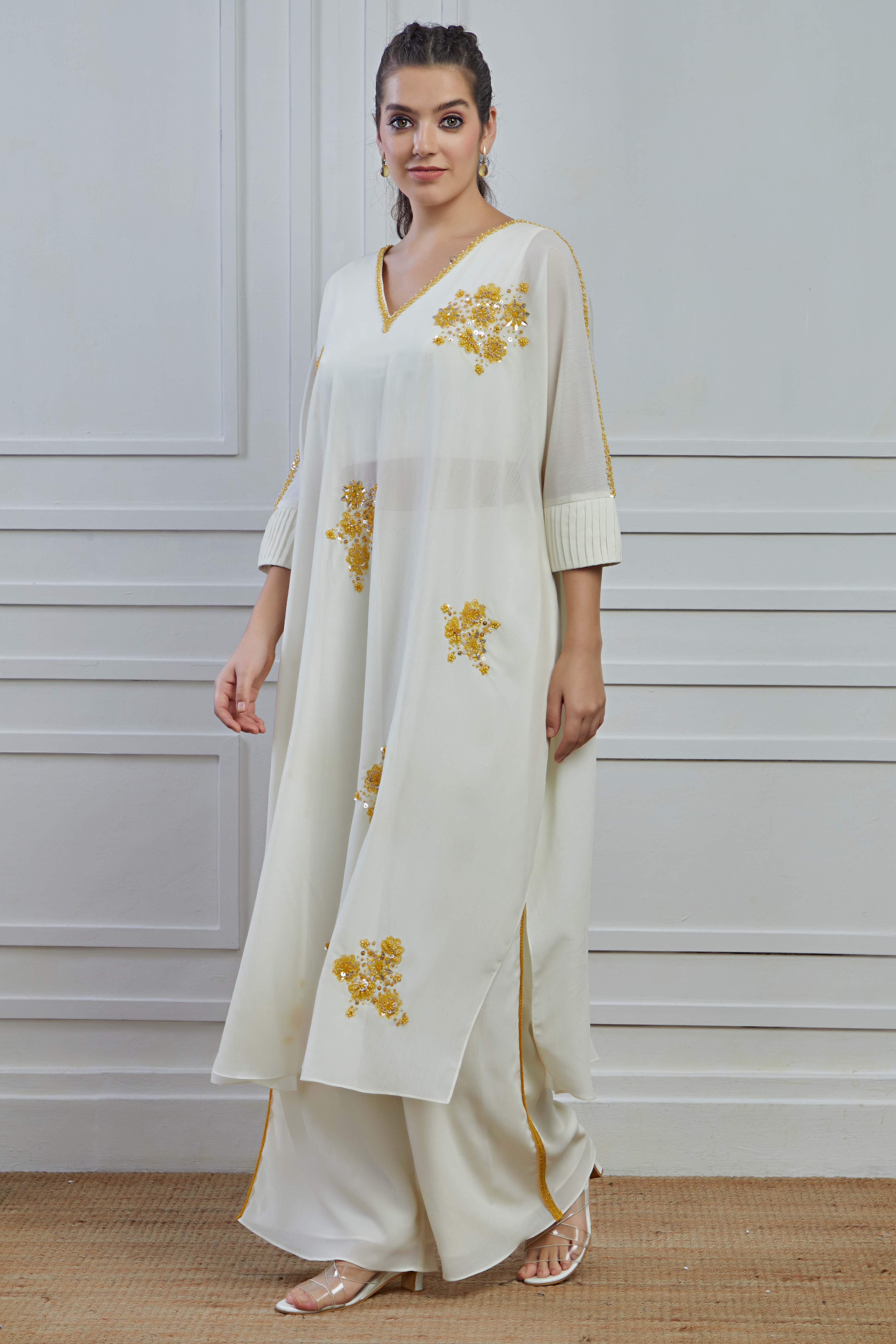 White Floral Embellished Crepe Silk Kurta Palazzo Set