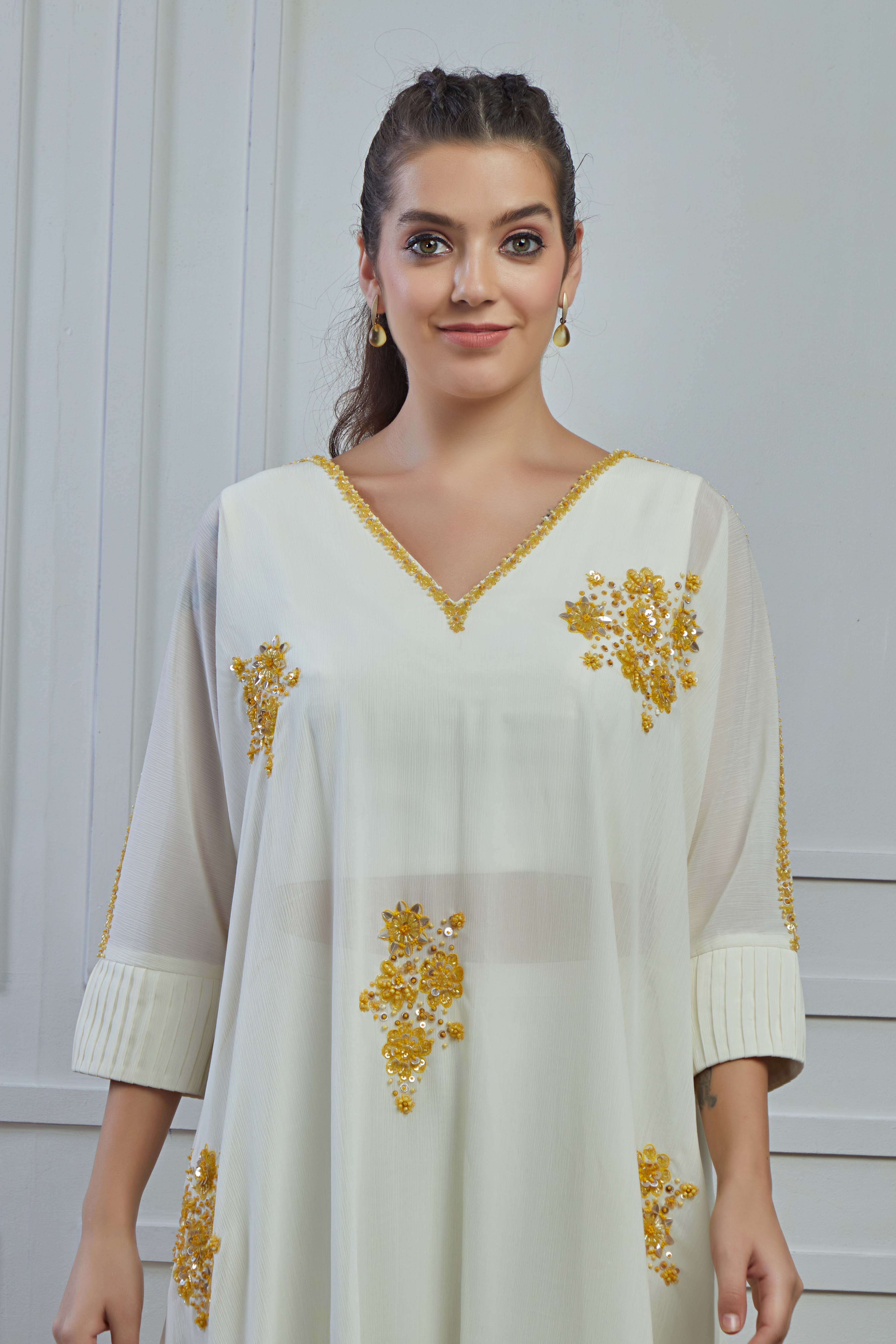 White Floral Embellished Crepe Silk Kurta Palazzo Set