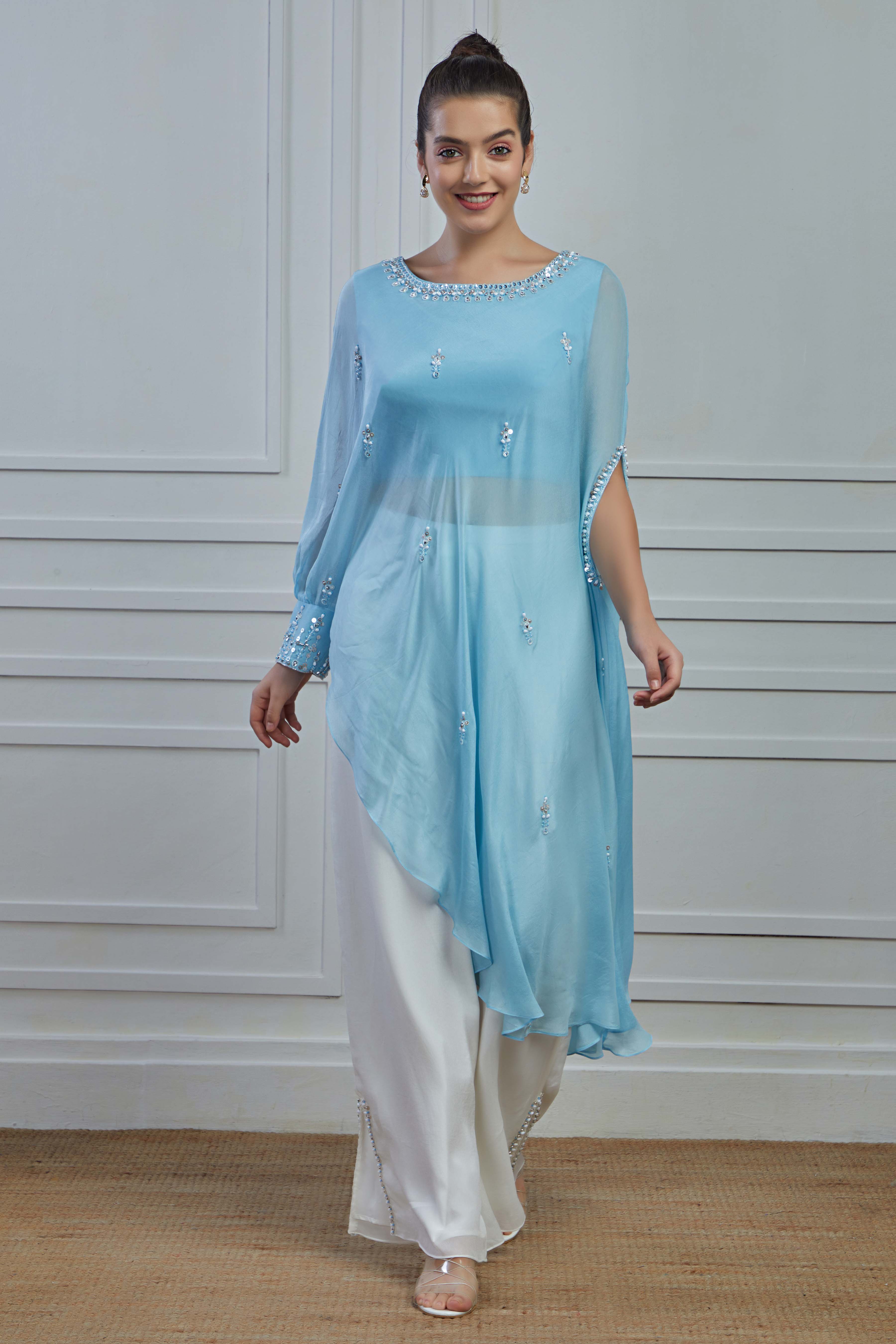 Light Blue Embellished Crepe Silk Kurta Palazzo Set