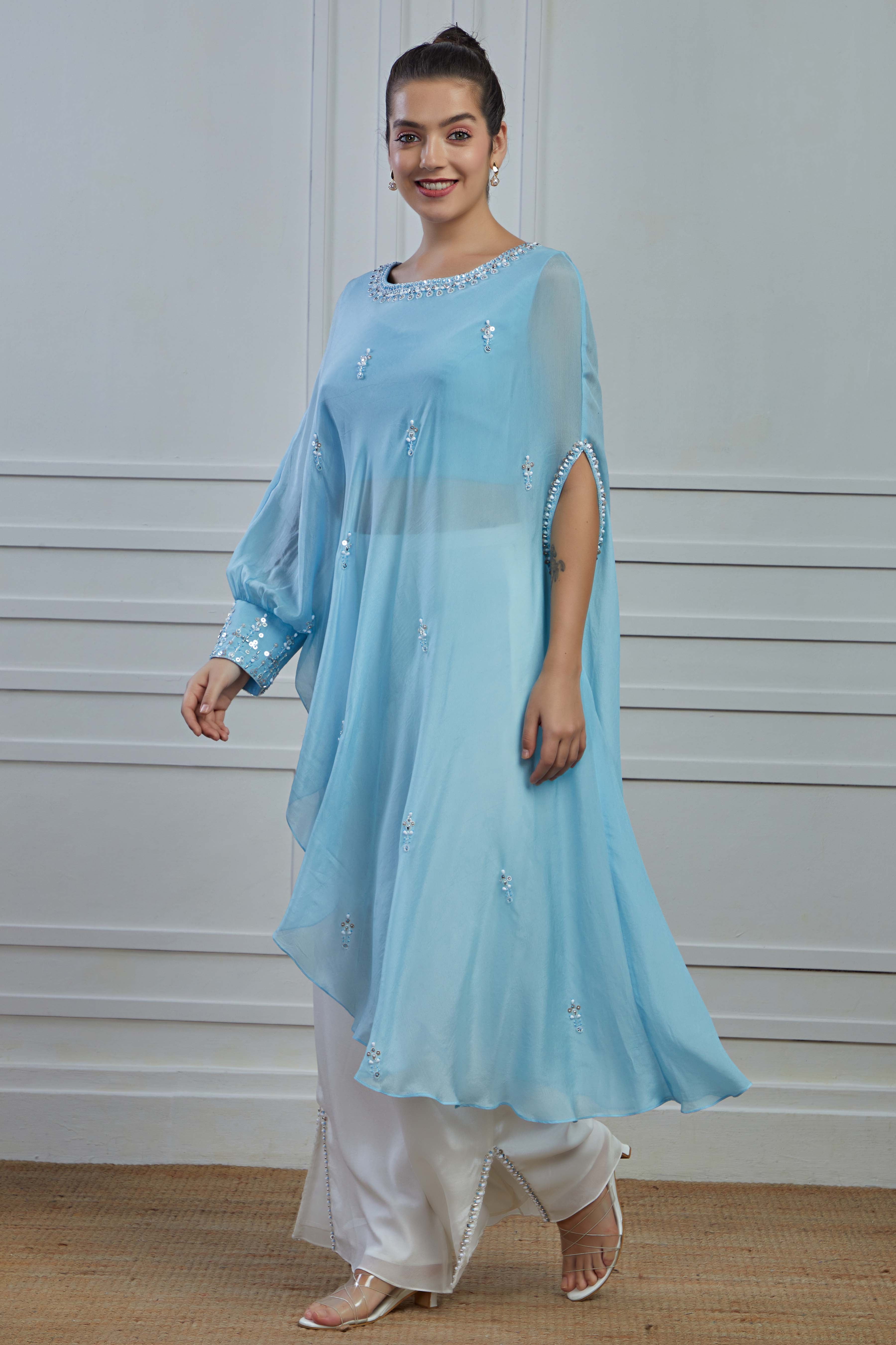 Light Blue Embellished Crepe Silk Kurta Palazzo Set