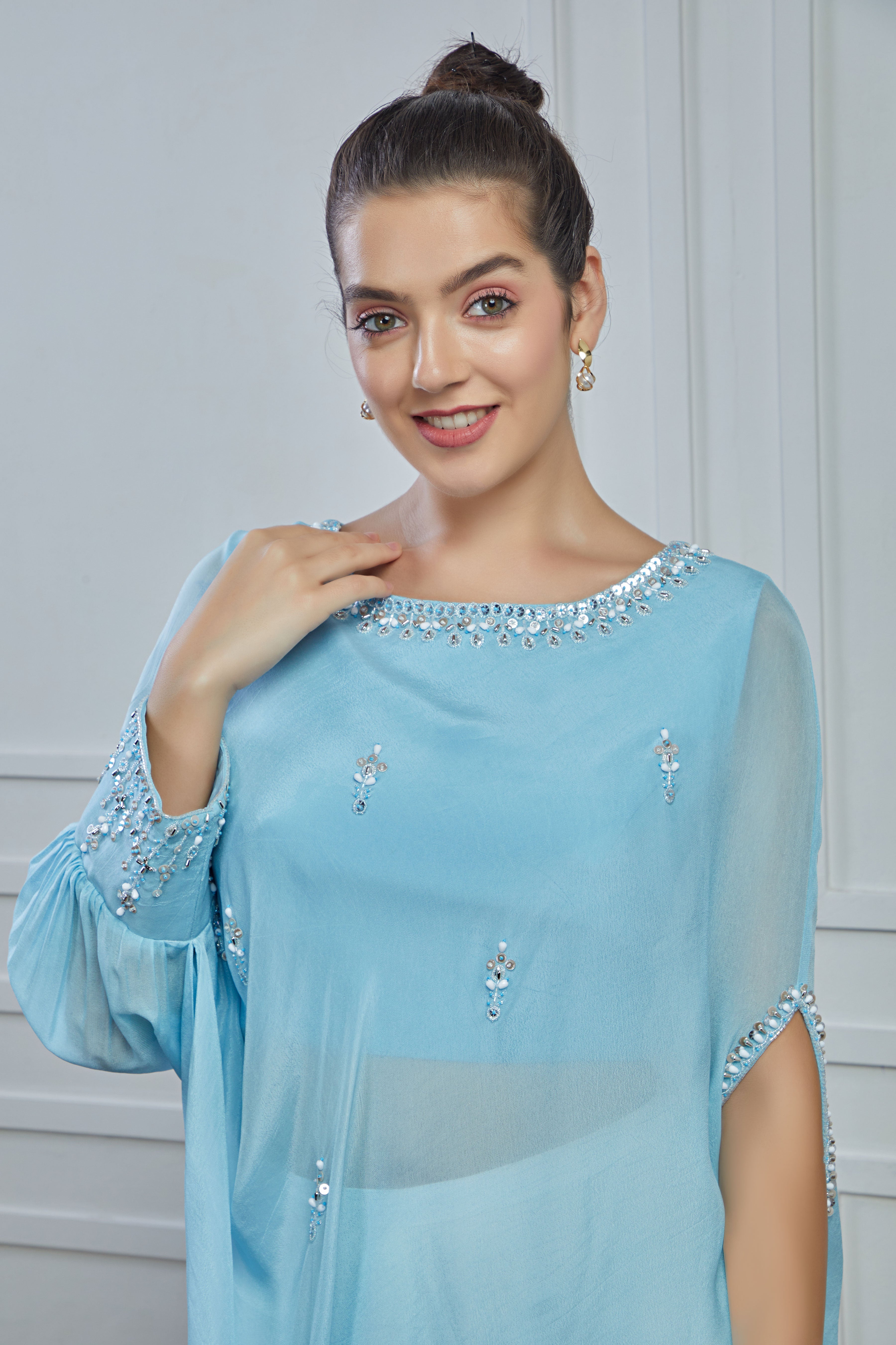 Light Blue Embellished Crepe Silk Kurta Palazzo Set