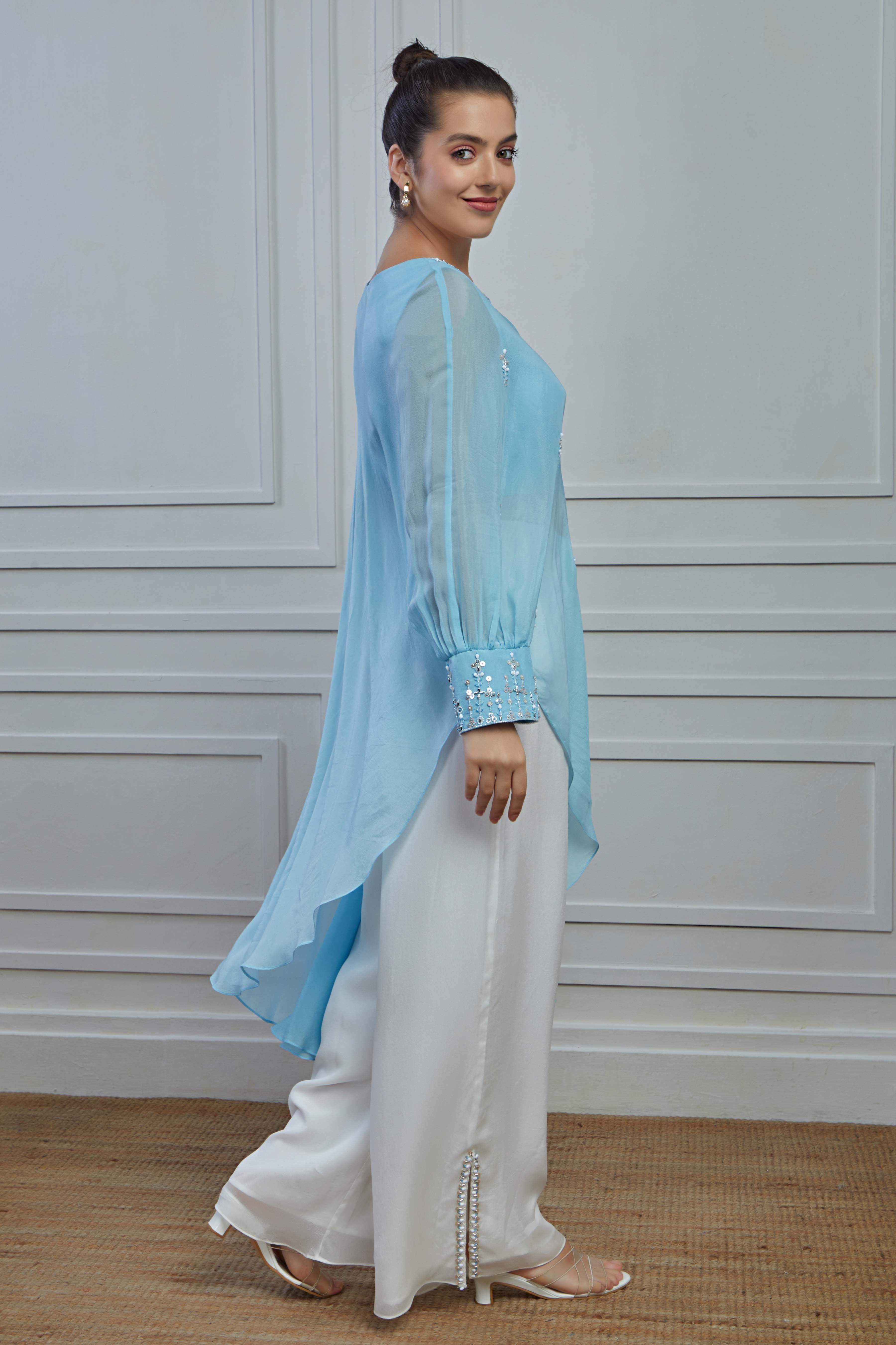 Light Blue Embellished Crepe Silk Kurta Palazzo Set