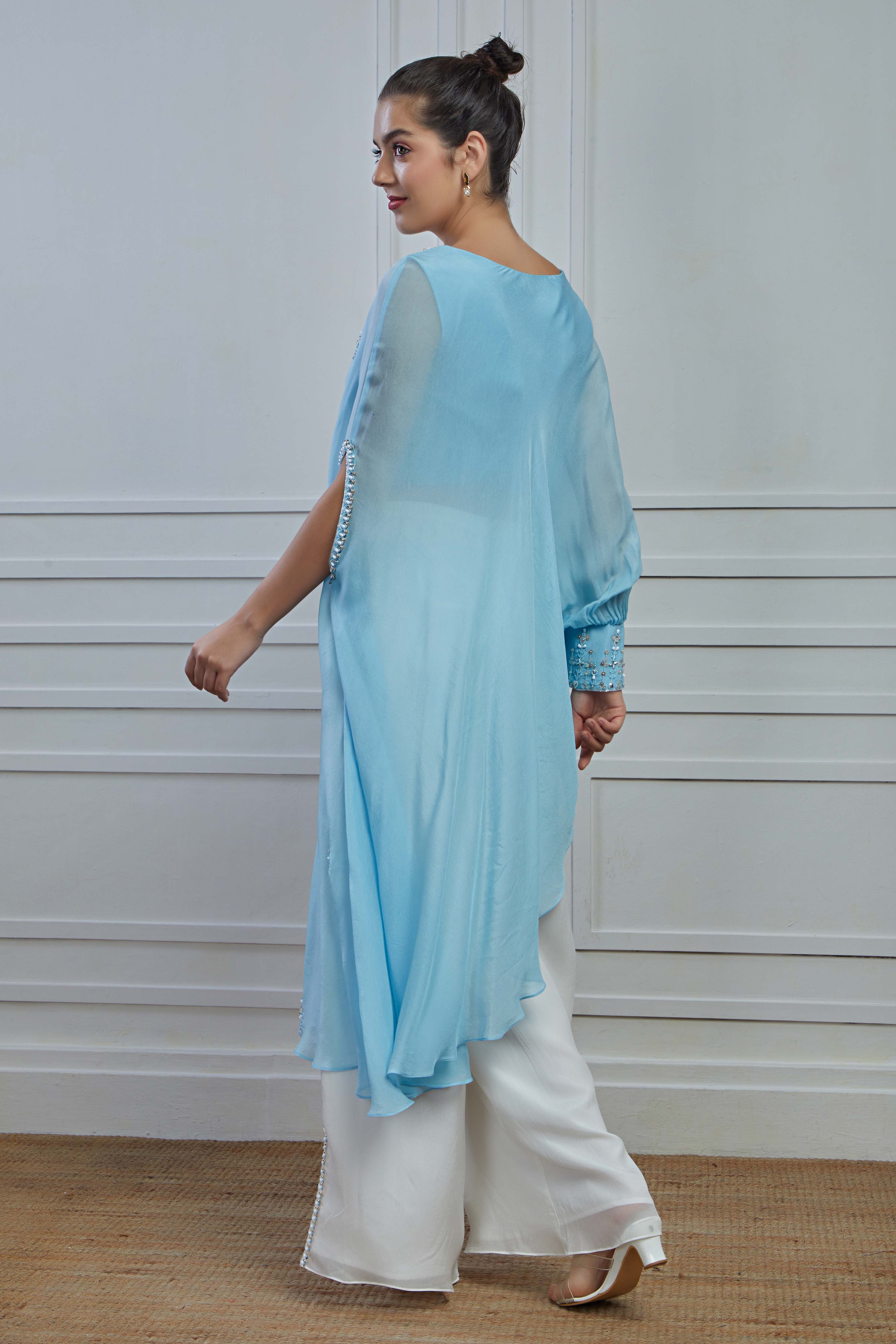 Light Blue Embellished Crepe Silk Kurta Palazzo Set