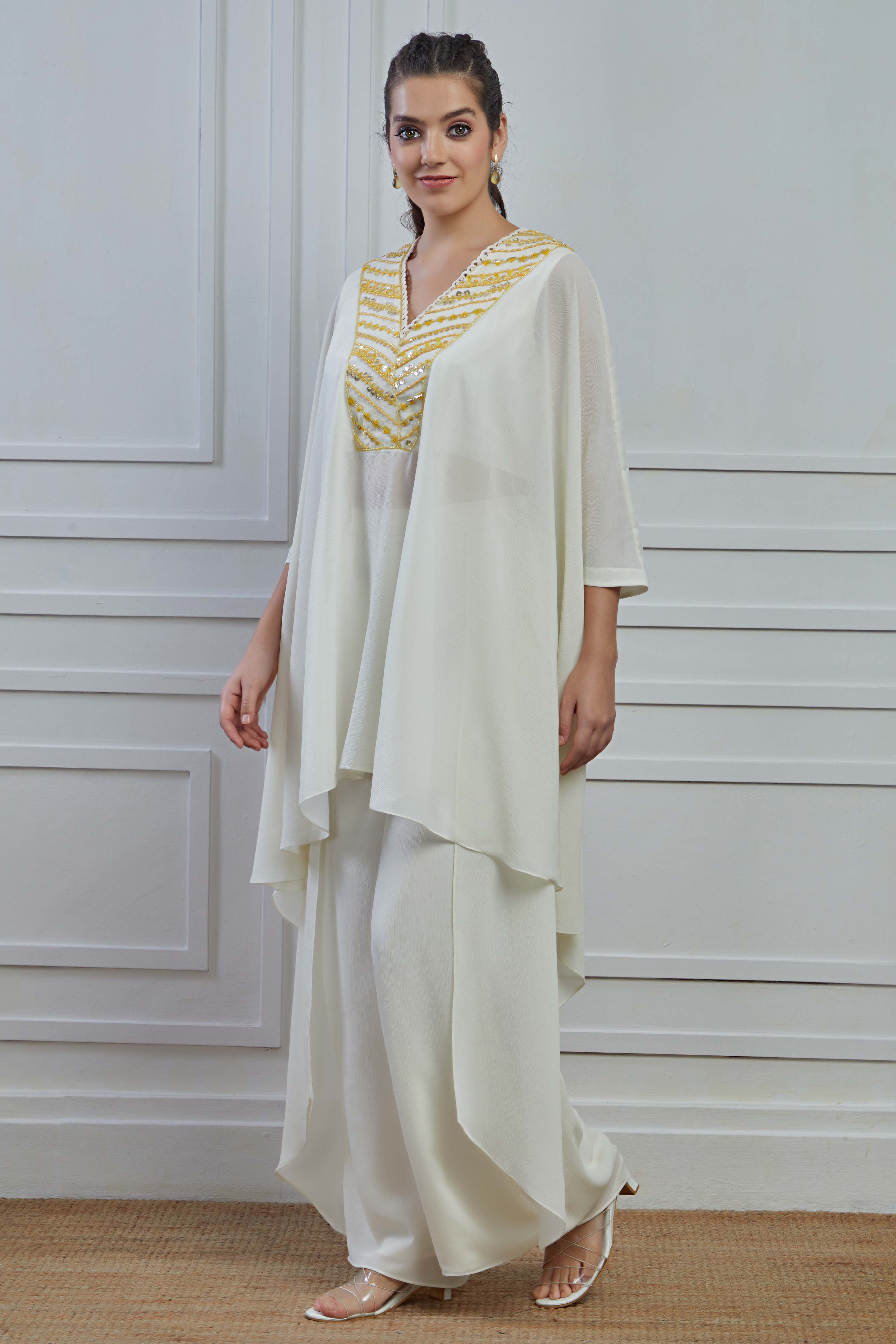 Pearl White Embroidered Crepe Silk Kurta Palazzo Set