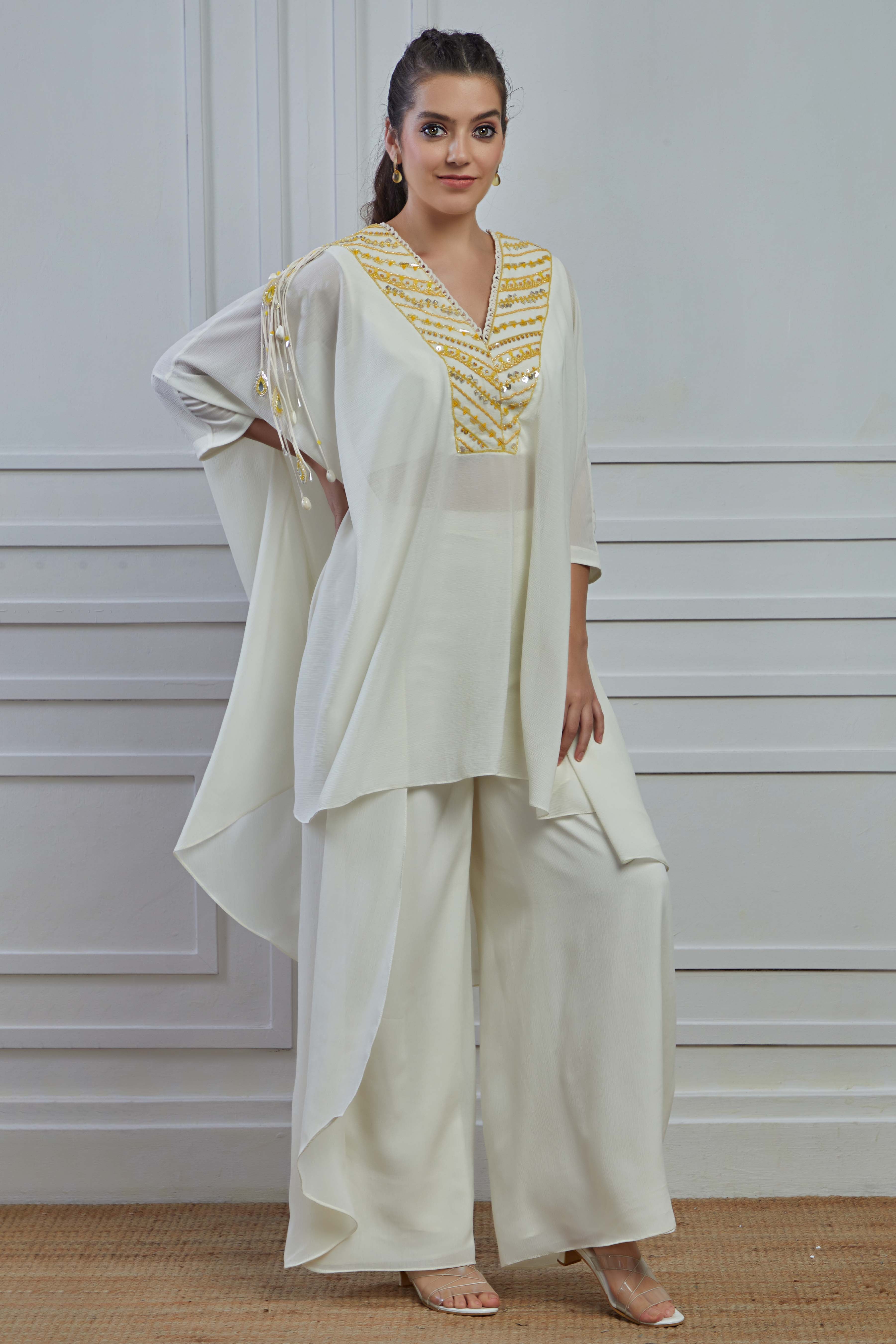 Pearl White Embroidered Crepe Silk Kurta Palazzo Set