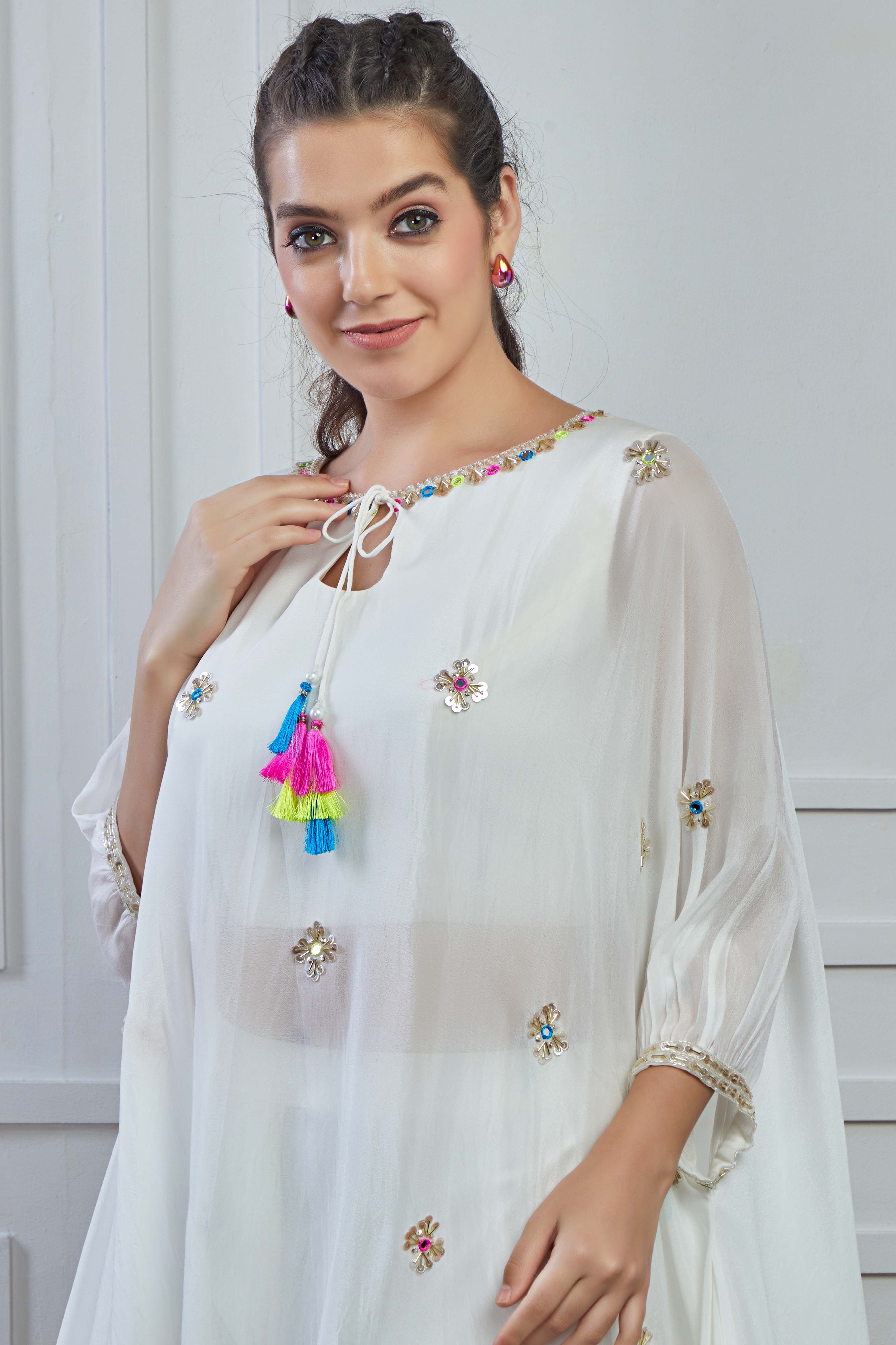 White Embellished Crepe Silk Kurta Dhoti Set