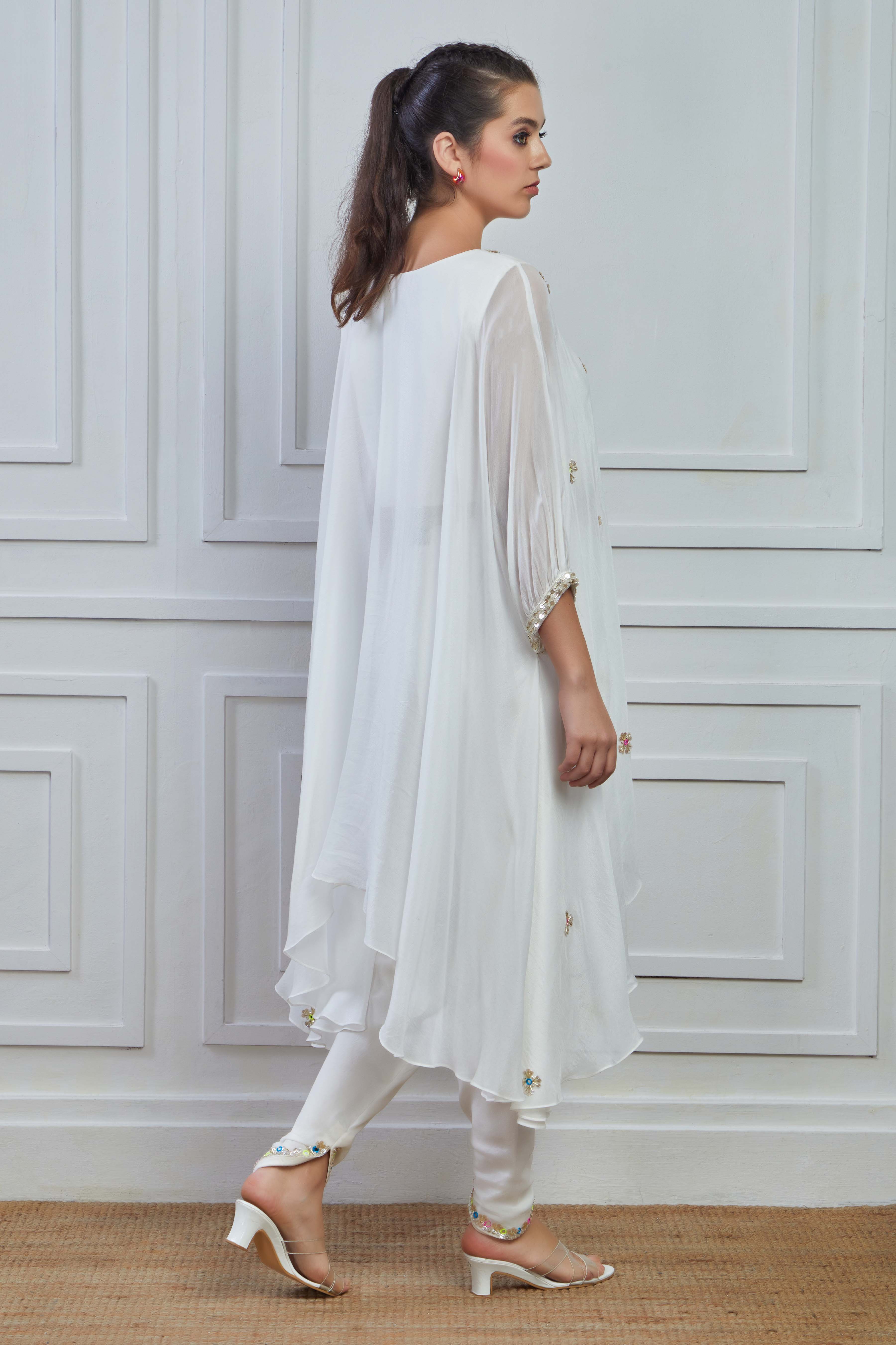 White Embellished Crepe Silk Kurta Dhoti Set