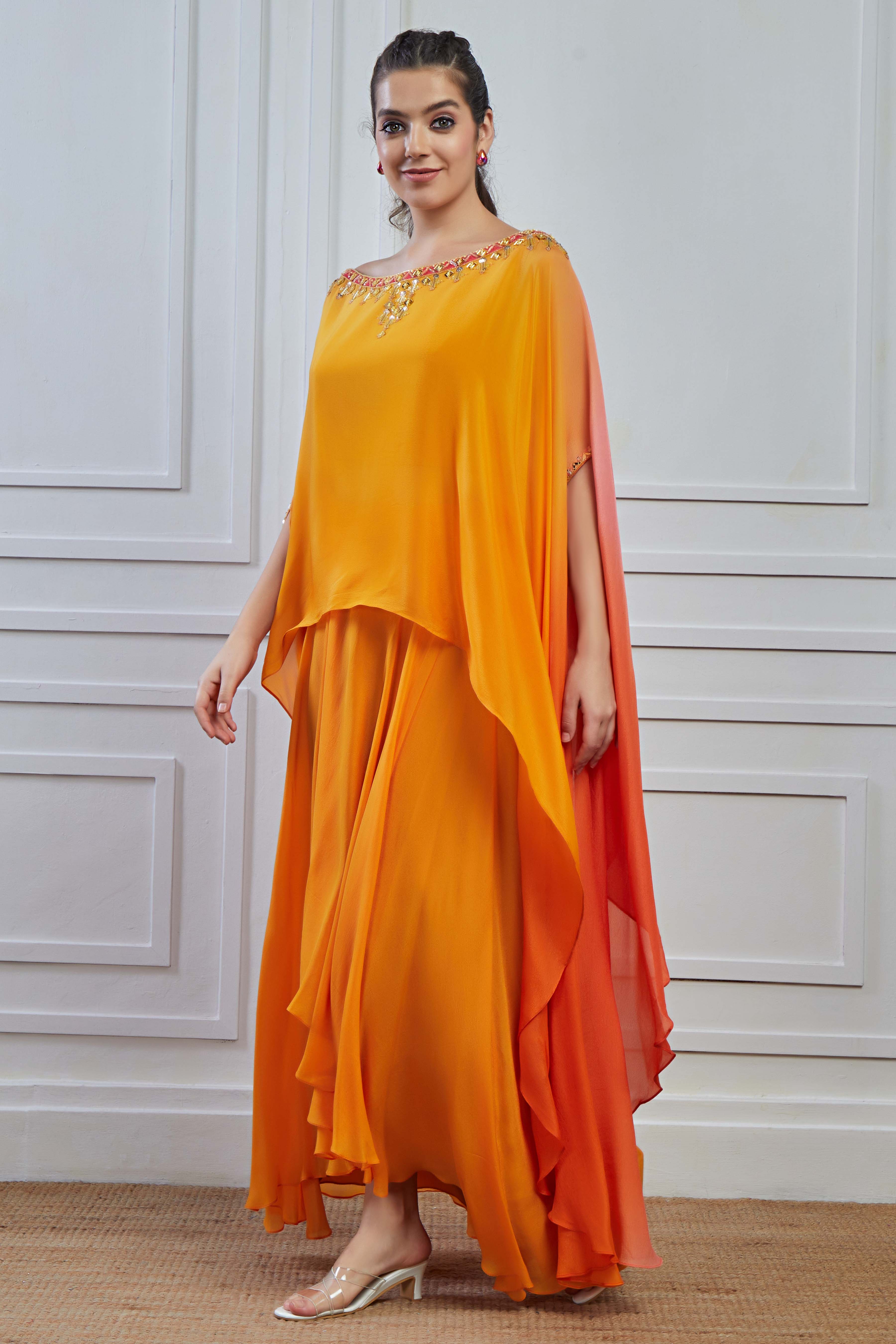 Orange Ombre-Dyed Crepe Silk Kaftan Skirt Set