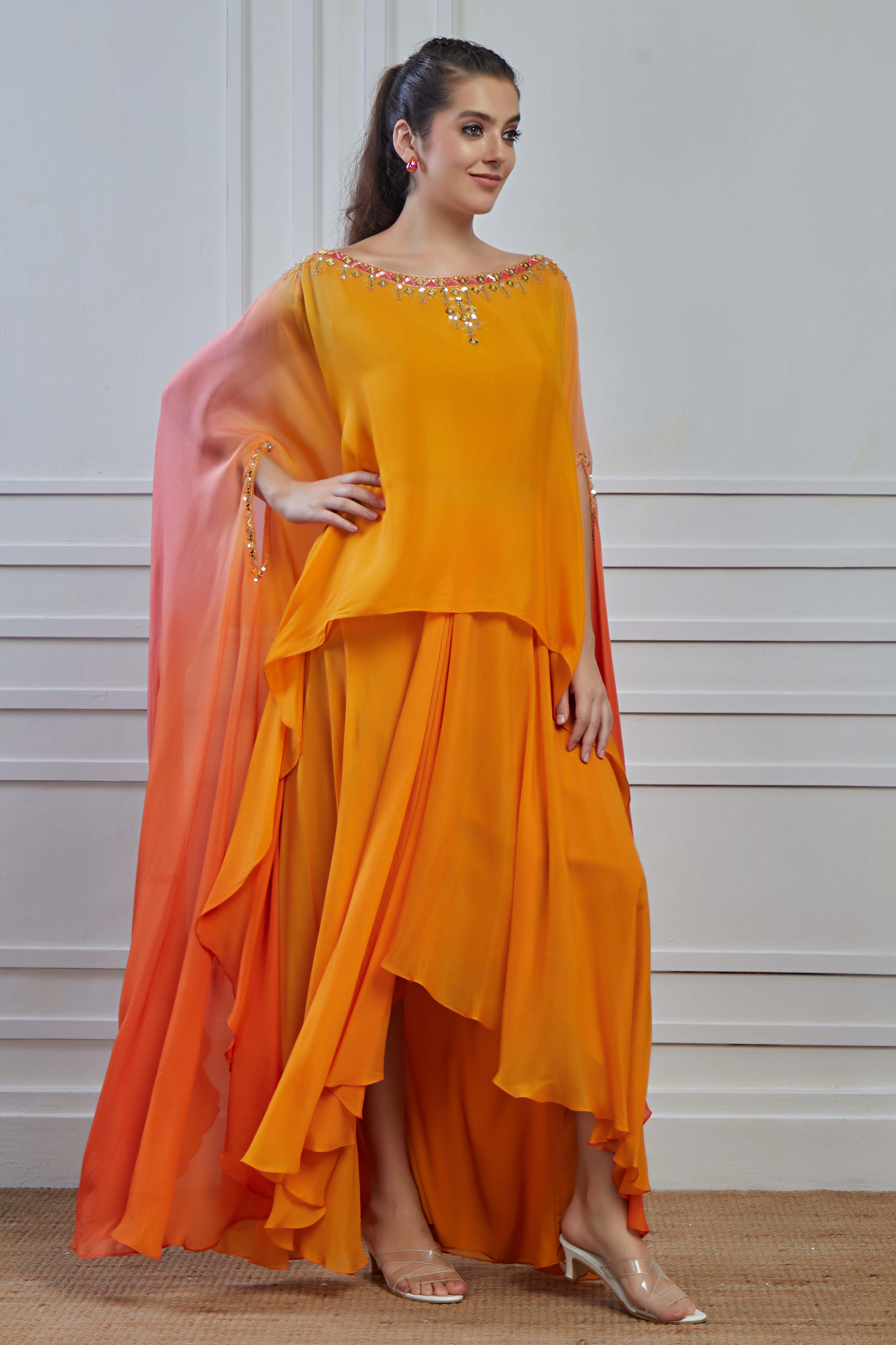 Orange Ombre-Dyed Crepe Silk Kaftan Skirt Set