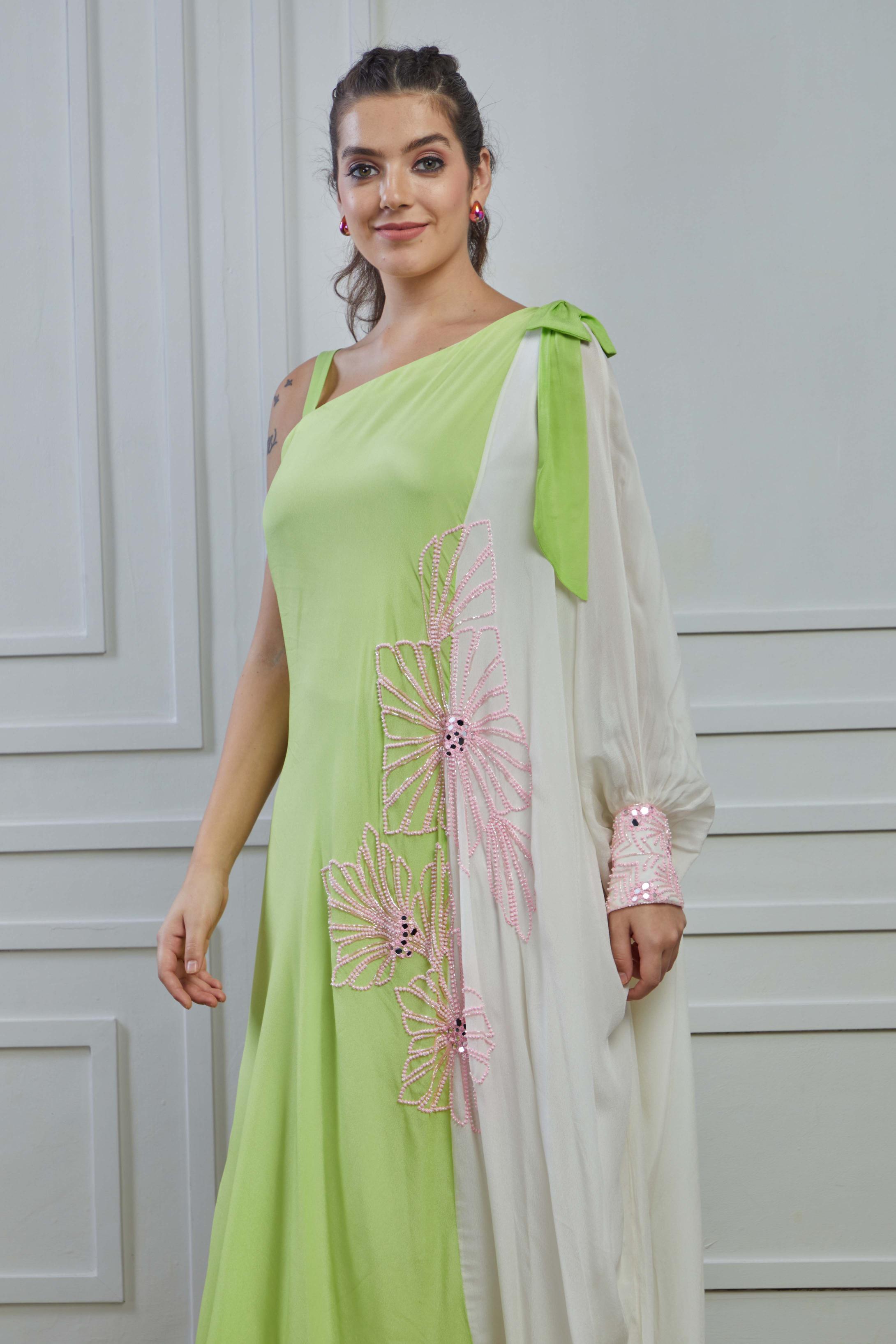 Light Green Embellished Crepe Silk Cowl Dress