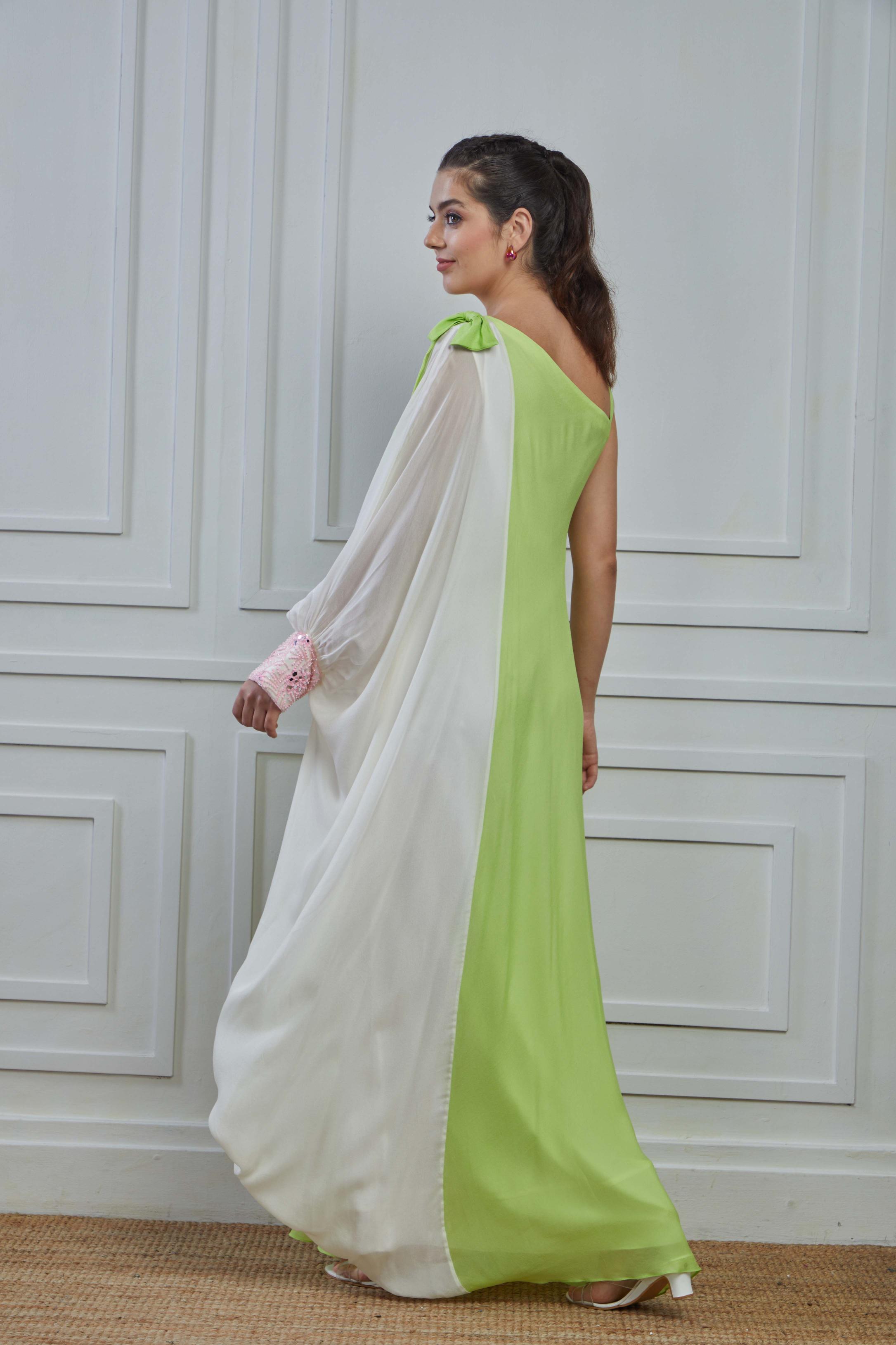 Light Green Embellished Crepe Silk Cowl Dress