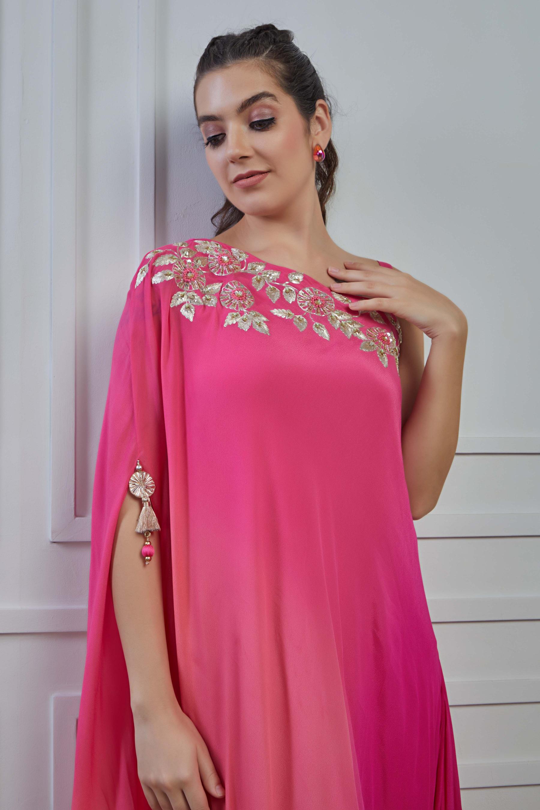 Pink Embellished Crepe Silk Cowl Dress