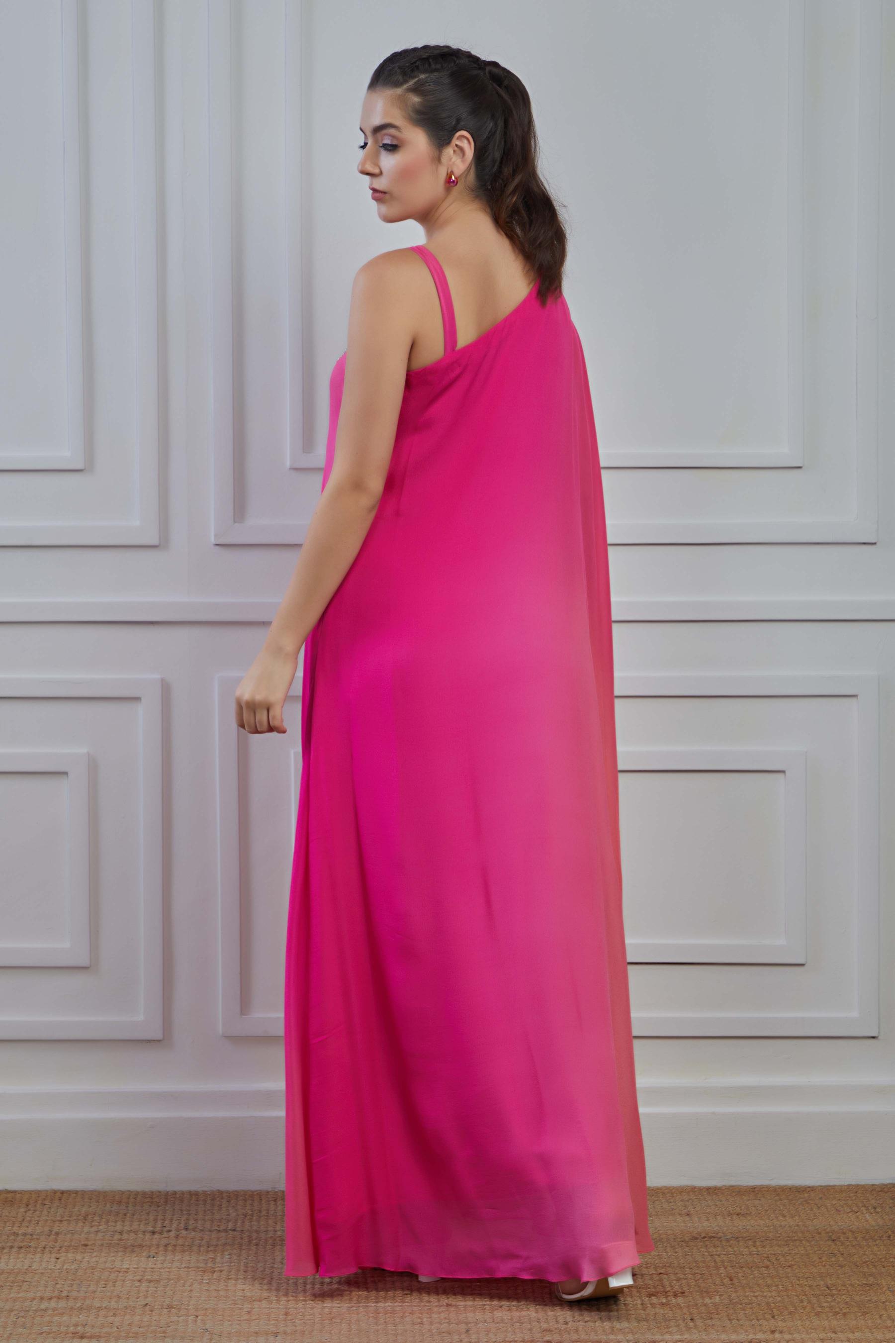 Pink Embellished Crepe Silk Cowl Dress