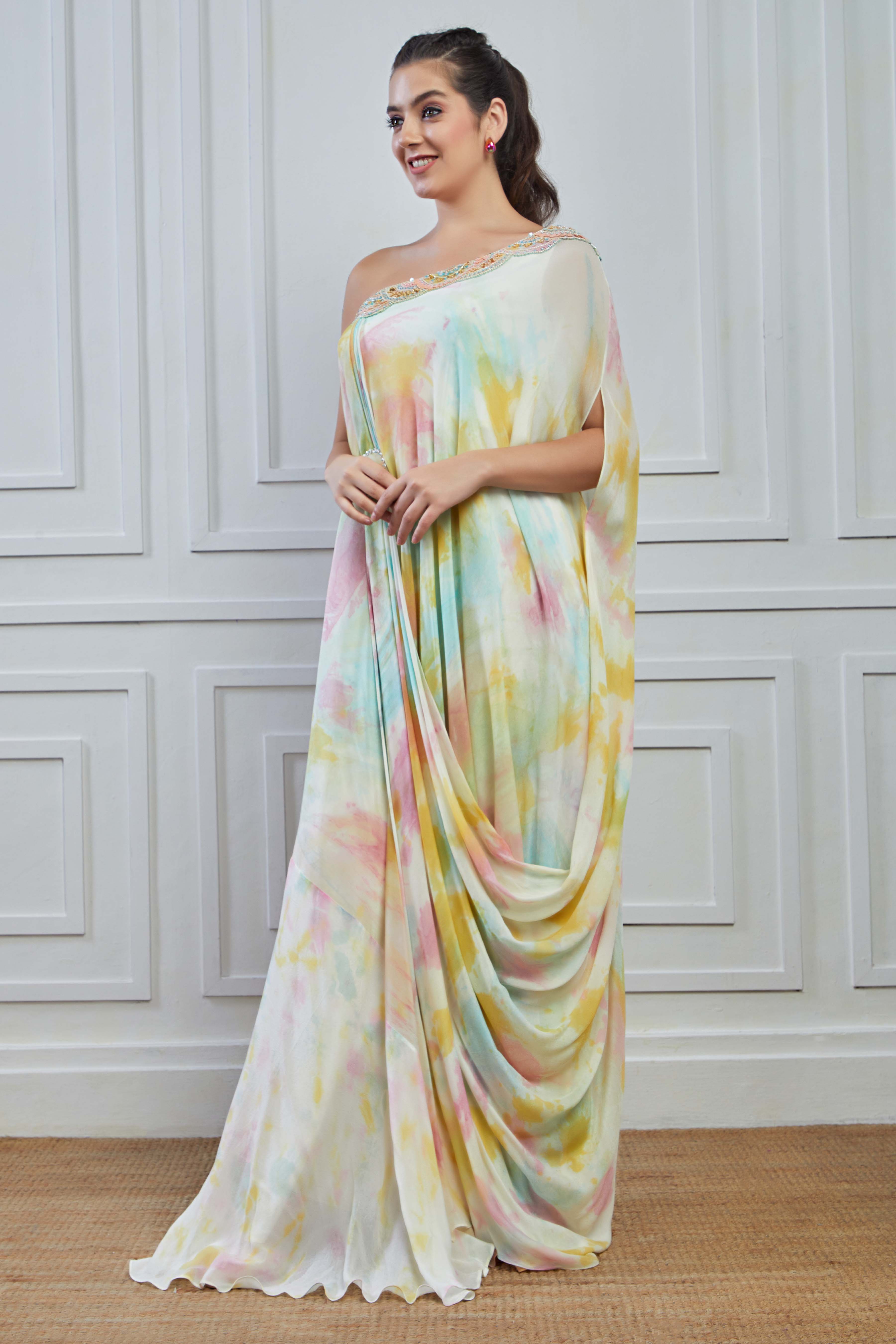 Multicolour Embellished Crepe Silk Draped Gown