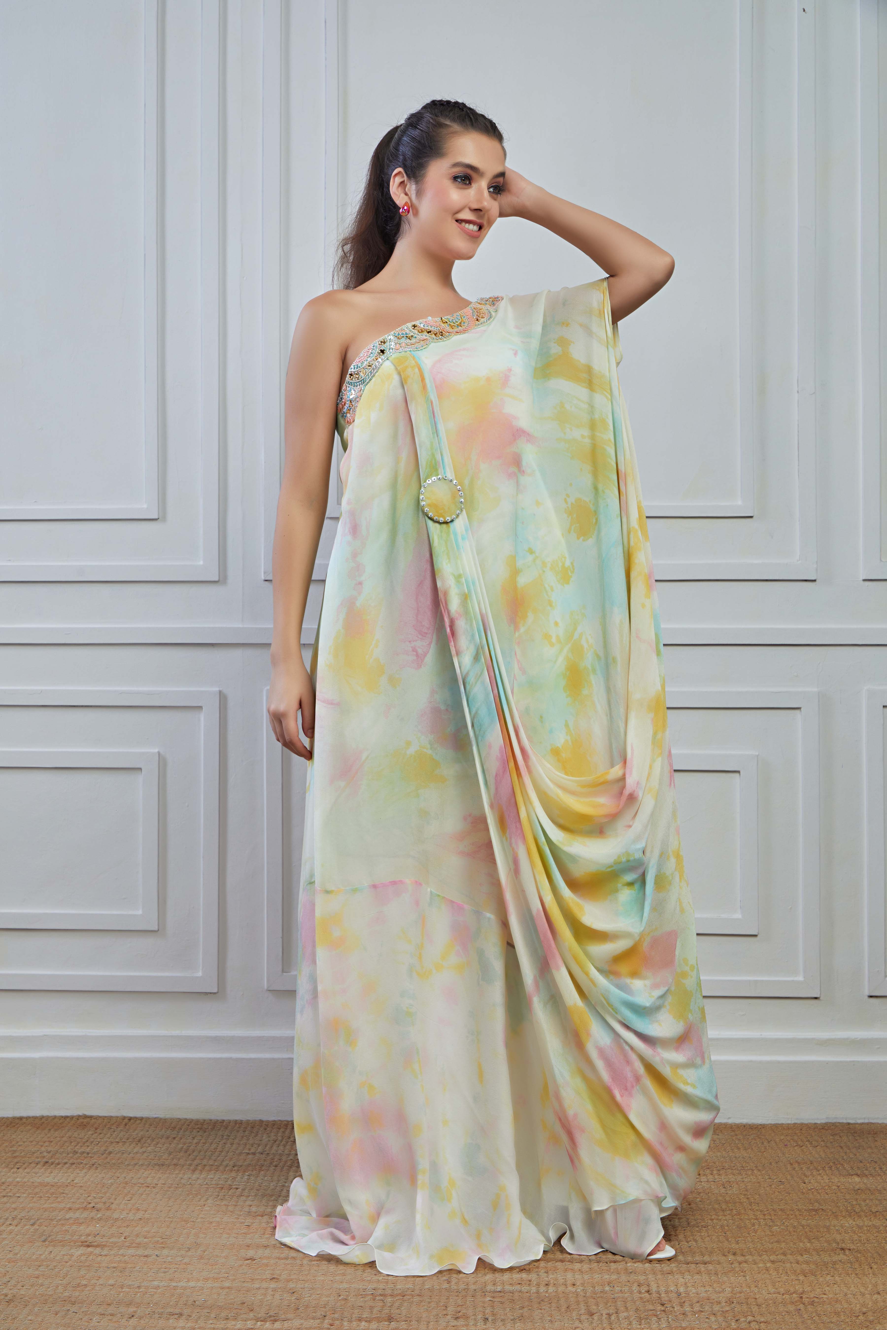 Multicolour Embellished Crepe Silk Draped Gown