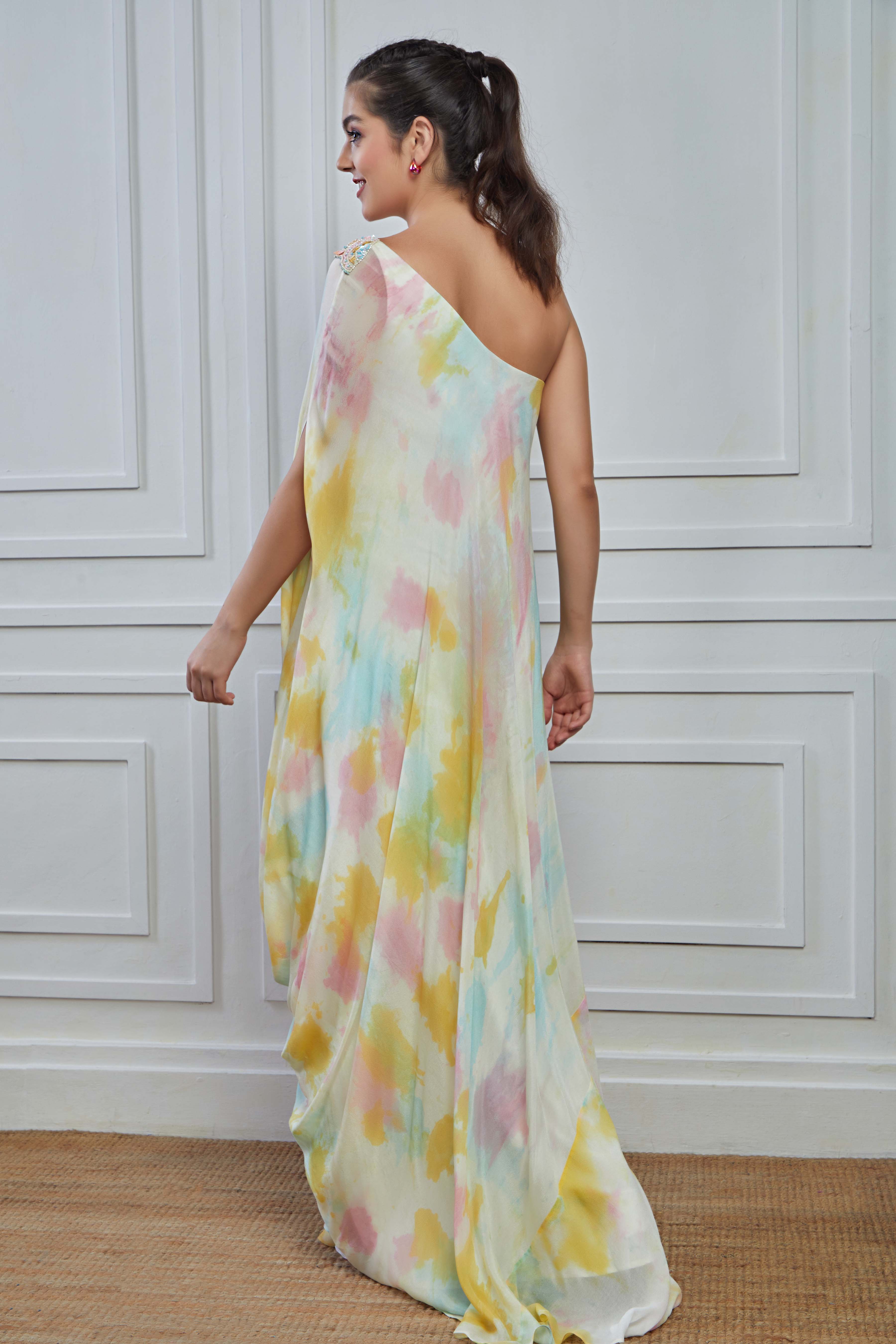 Multicolour Embellished Crepe Silk Draped Gown