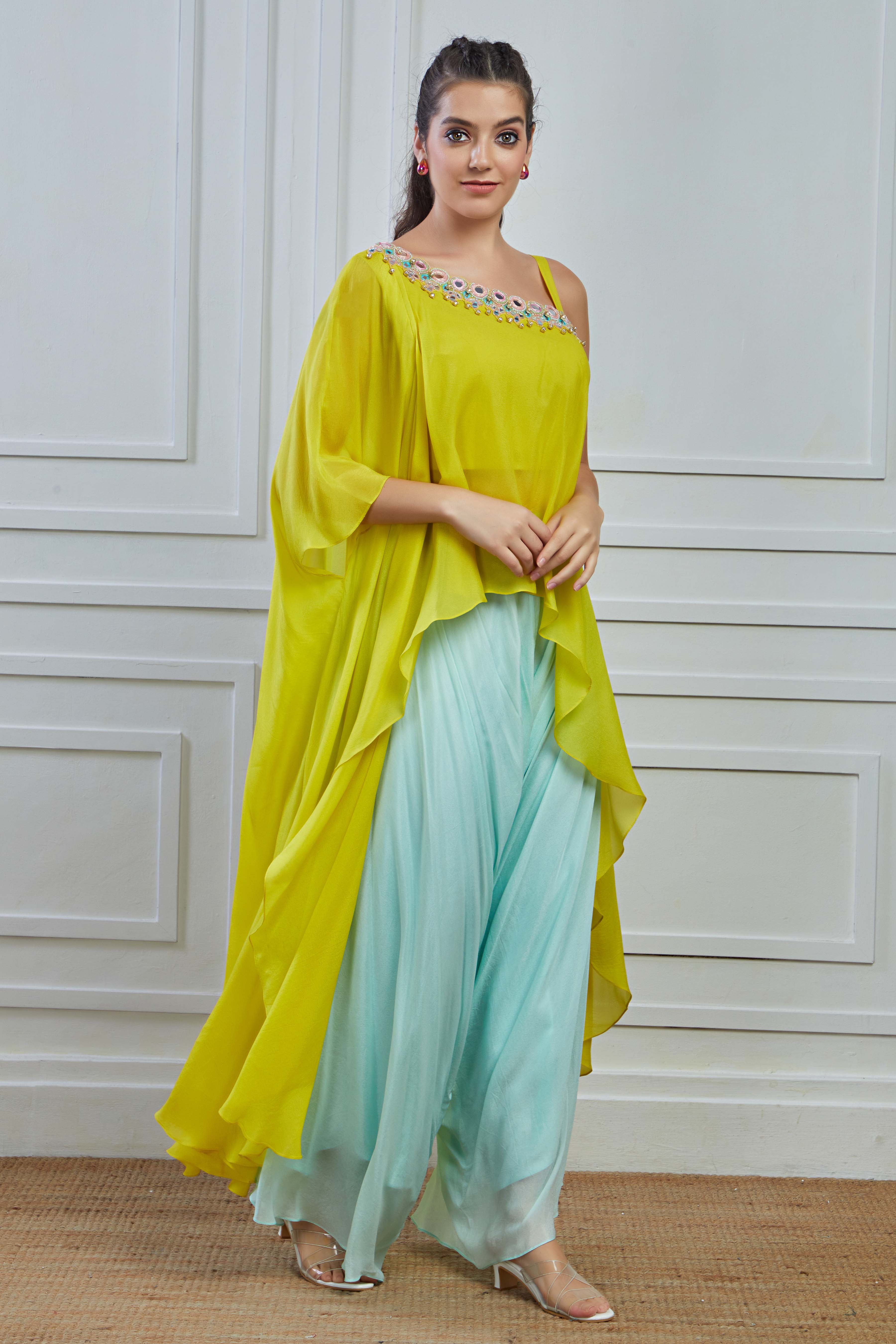 Pear Green Embroidered Crepe Silk Tunic Palazzo Set