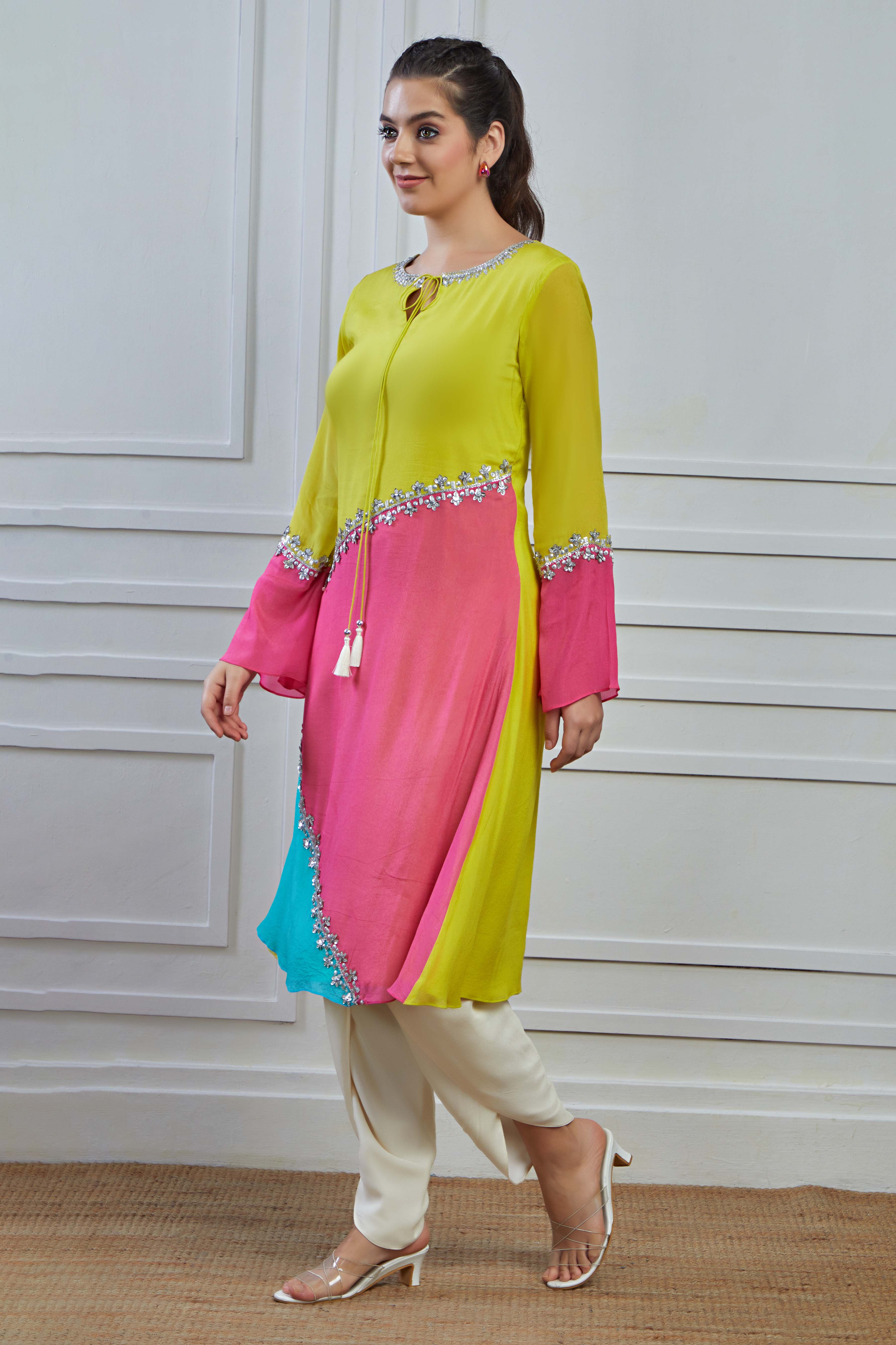 Multicolour Embellished Crepe Silk Kurta Dhoti Set