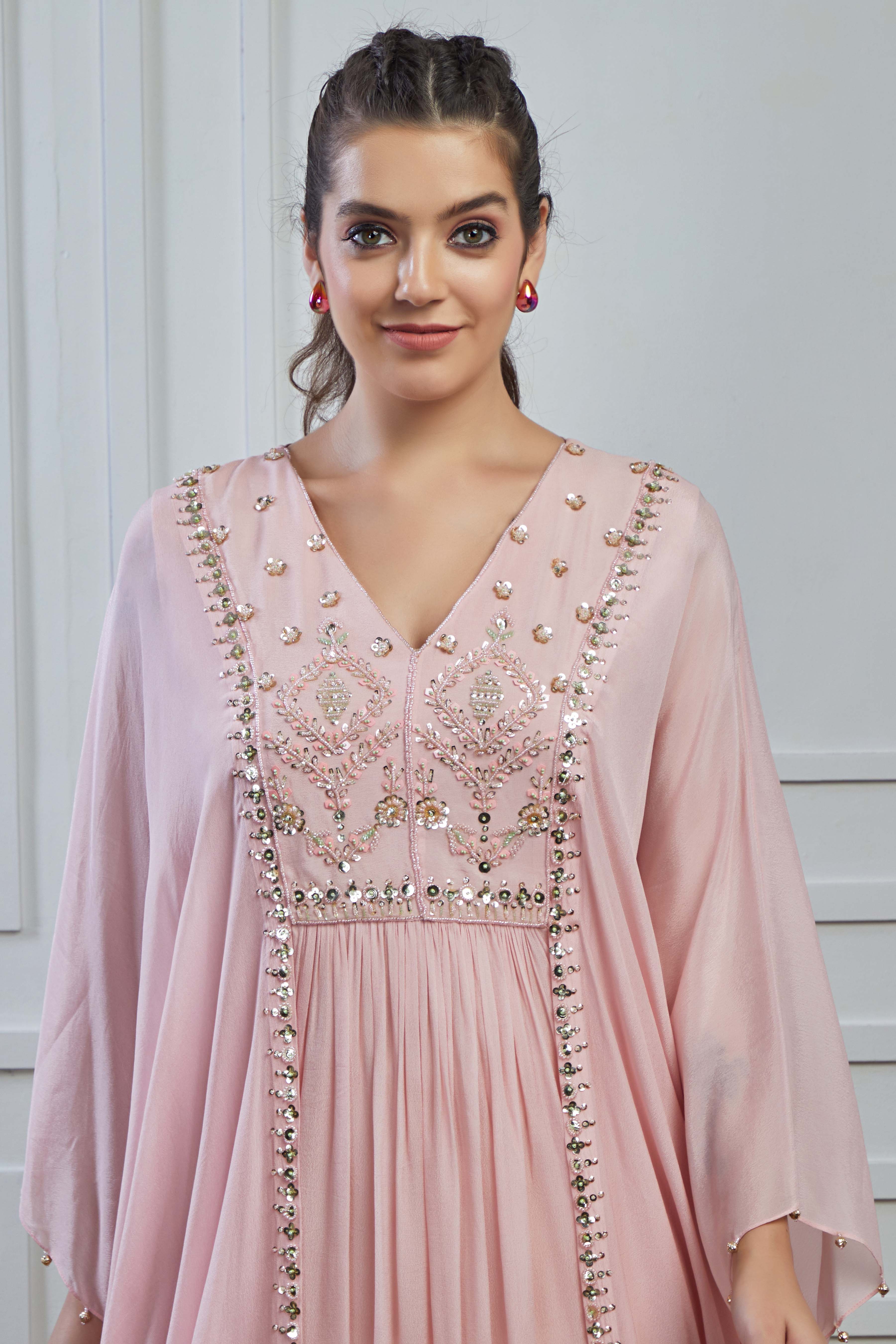 Pastel Pink Ombre-Dyed Crepe Silk Kaftan Palazzo Set